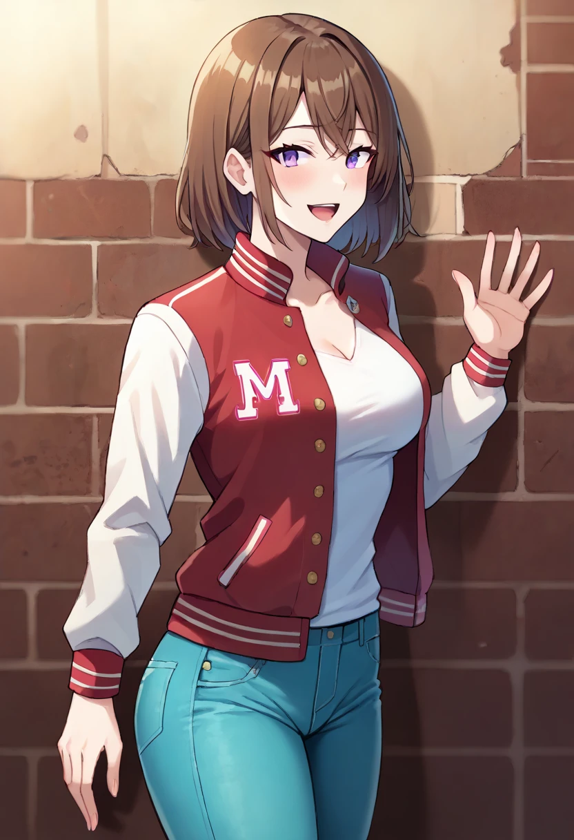 score_9,score_8_up,score_7_up,_score_6_up,source_anime BREAK, 1girl,solo,sophiemw,brown hair,purple eyes,standing,happy,:d,leaning against wall,concrete wall, <lora:SophiePony:1>,letterman jacket,denim,jeans, <lora:abyssorange_style_for_pony_d32:1>