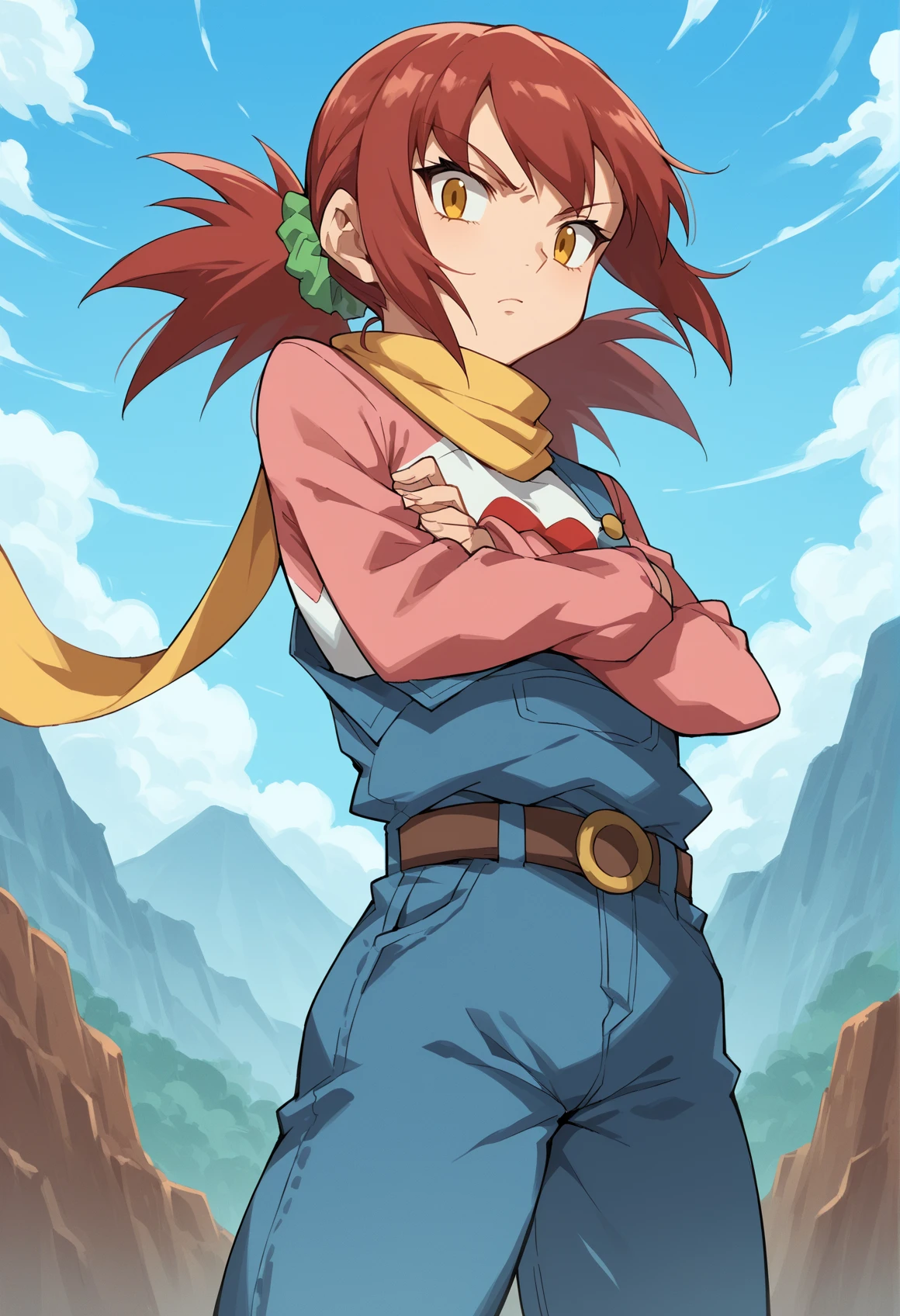 1girl, red hair, yellow eyes, twintails, scrunchie, two-tone shirt, long sleeves, heart print, overalls, shorts, belt, scarf, crossed arms, from below, mountain, wind, explossion, sunglasses <lora:Nene__Akari_Pony:1>, score_9, score_8_up, score_7_up, score_6_up, score_5_up, score_4_up, BREAK source_anime, masterpiece