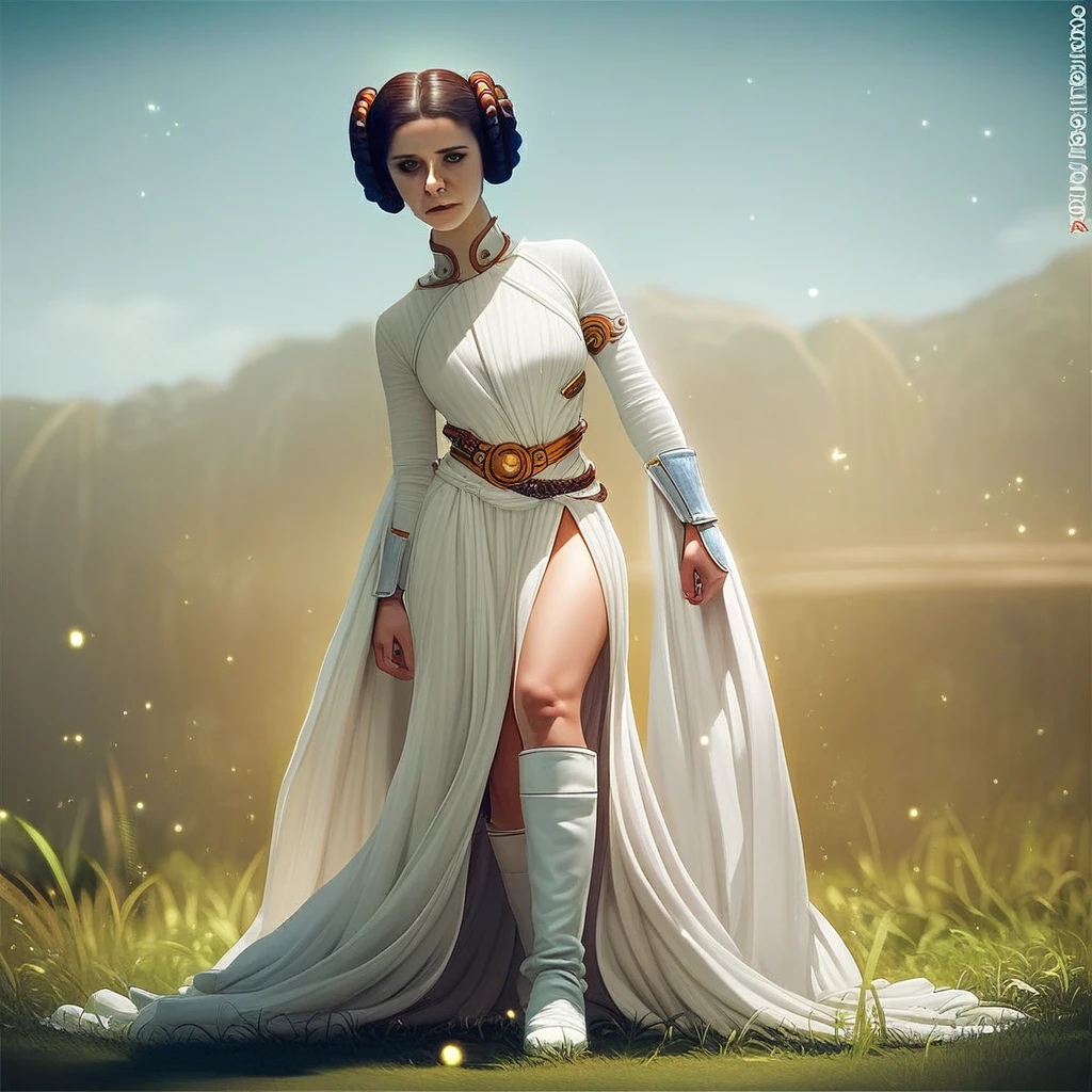 source_anime, ((score_9)),score_8_up,score_7_up,score_6_up,score_5_up,score_4_up, rating_PG-13, masterpiece, absurdres, BREAK, 1woman, Princess Leia, princess_leia_organa_solo, short hair, hair bun, white dress, white clothing, side_slit, white boots, bare legs, Princess_Leia_Organa  outdoors, grassy, blue sky, science_fiction, depth of field, light particles,