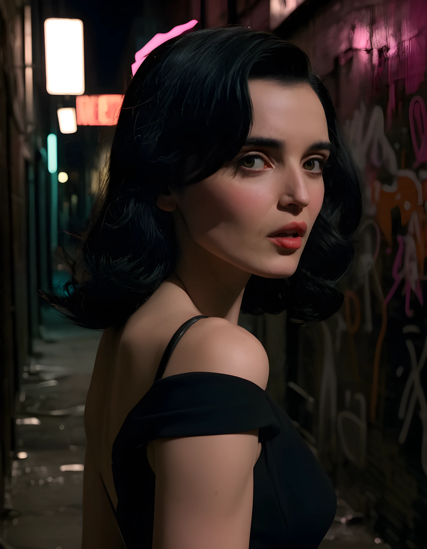 In a gritty, neo-noir setting reminiscent of a 1940s film noir, the camera captures a close-up shot of CF1n3M, a striking woman with her black hair cascading down her shoulders, her eyes smoky and intense. She is clad in an asymmetrical, form-fitting black dress that shimmers under the dim, sultry glow of a lone streetlight, standing in an alleyway lined with graffiti and discarded neon signs. Her lips are pursed into a determined pout, her gaze fixed on something just out of frame, embodying a sense of mystery and intrigue amidst the urban decay.