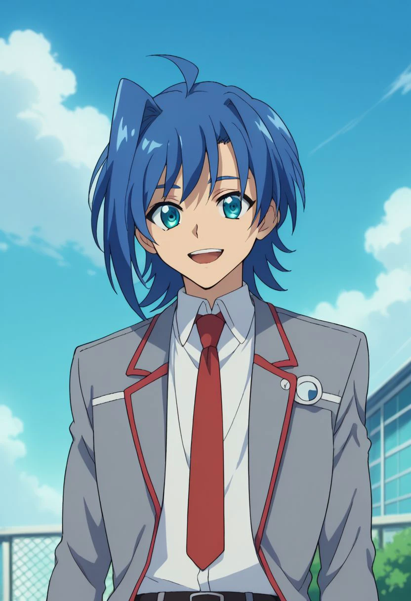 score_9, score_8_up, score_7_up, source_anime, highly detailed, 
aichi, 1boy, male focus, solo, blue hair, ahoge, school uniform, necktie, blue eyes, upper body, belt, smile, open mouth,
outdoor, sky,