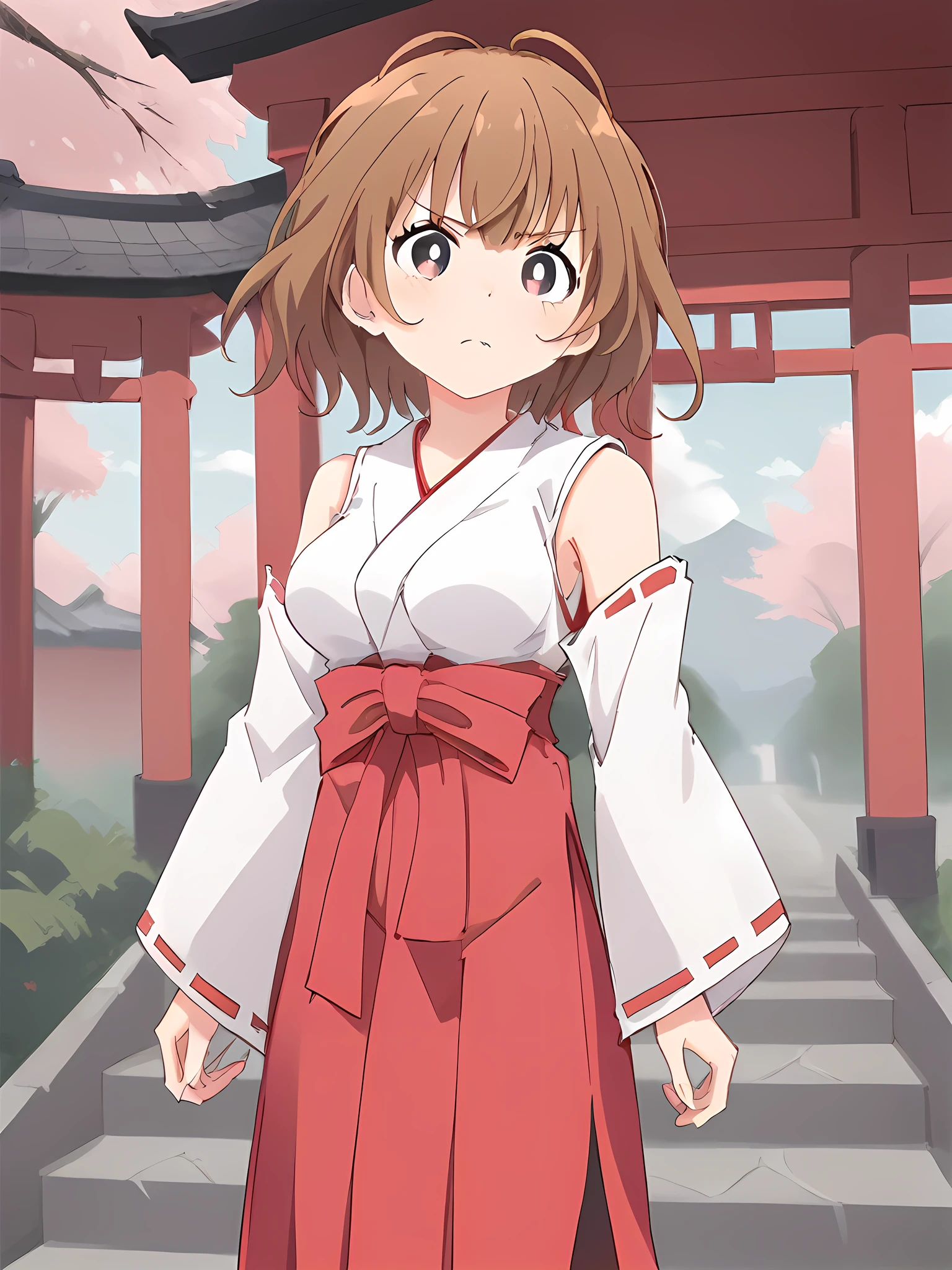 score_9, score_8_up, score_7_up,
anime coloring,  cel shading, 
1girl,solo,
 <lora:sakurakagurazaka.pony.v2:0.8> sakura kagurazaka, miko, exorcist outfit,
outdoors, shrine,