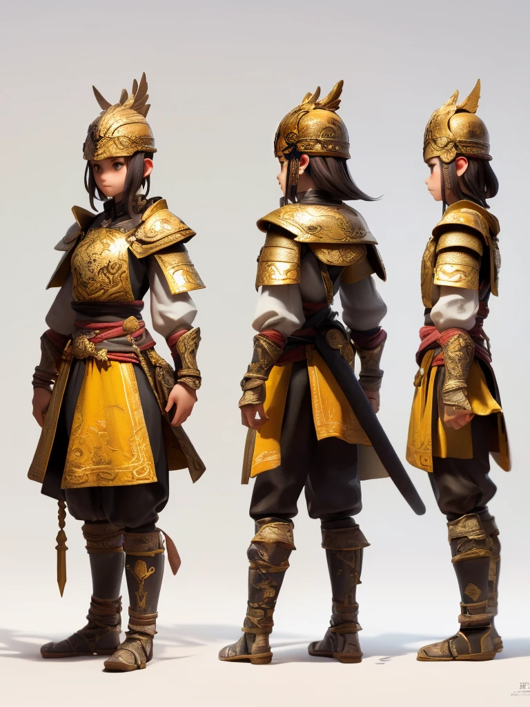 2D Character Concept Design, A warrior, armor, helmet, boots, whole body, watching the audience, standing, standing on a circular base, (generating three views: 1.5, that is, front view, side view and back view,) the ratio of head to body is 1:3, clean background, highest quality, masterpiece, and detailed details.