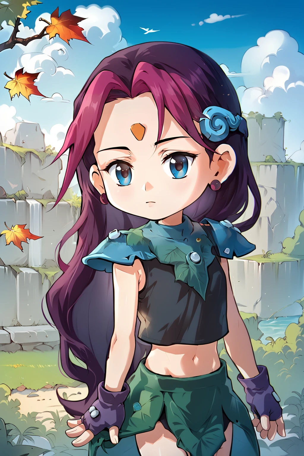 score_9, score_8_up, score_7_up, score_6_up, score_5_up, score_4_up, source_anime, cowboy shot, solo, outdoors, ea, chibi, purple hair, two-tone hair, long hair, hair ornament, forehead mark, blue eyes, jewelry, earrings, shoulder armor, black shirts, sleeveless, midriff, fingerless gloves, leaf skirt, <lora:Eapony:0.85>, <lora:Concept Art Eclipse Style LoRA_Pony XL v6:0.6>