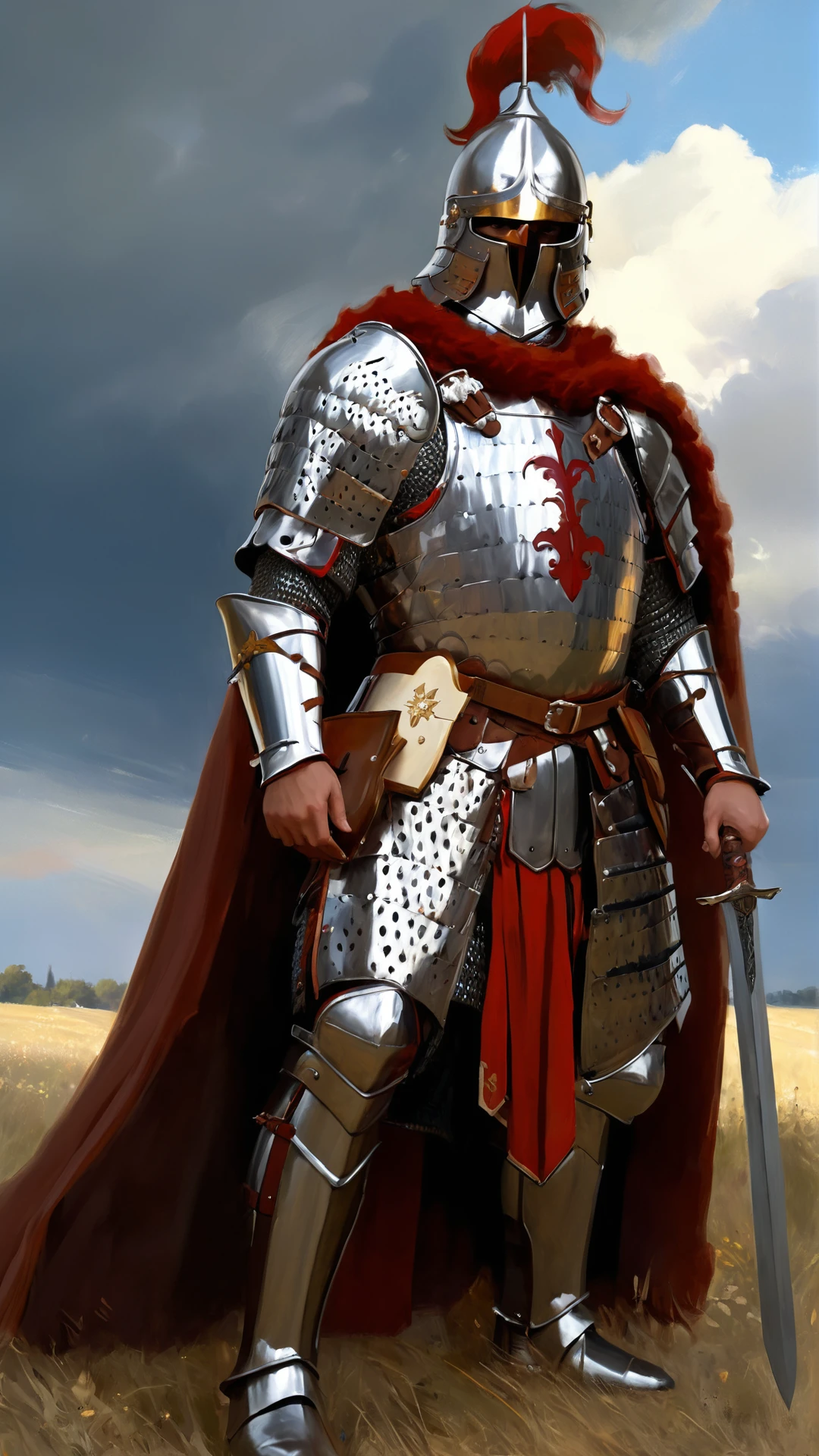 <lora:Scale_Armor-000008:0.8> ((((1boy, perfect bulky muscular tall male knight, wearing fully body scale armor, wearing horned helmet, piercing eyes seen behind helmet visor, scales, SCLARMR, huge body, tall, imposing, holding a massive bastard sword, wearing a majestic fur cape, standing in battlefield, majestic epic clouds, fantasy art, lamellar armor, full body, masterpiece, masterful oil grunge painting, best quality, very aesthetic, absurdres art, beaming with power and intense vigor)))), action pose, looking at viewer, tilted, bokeh, depth of field, selfie, daytime, exotic, looking into the camera, fujifilm, bokeh, f/8.0, full body, bokeh, ((((backlit, cozy dim light, Low saturation color, vintage, grunge, top light, masterful painting in the style of Anders Zorn | Marco Mazzoni | Yuri Ivanovich, Todd McFarlane, Aleksi Briclot, oil on canvas)))) <lora:more_details:0.8>  <lora:detailed_notrigger:0.4>  <lora:OilPaint SDXL (style by nty):0.9> ((style by nty))