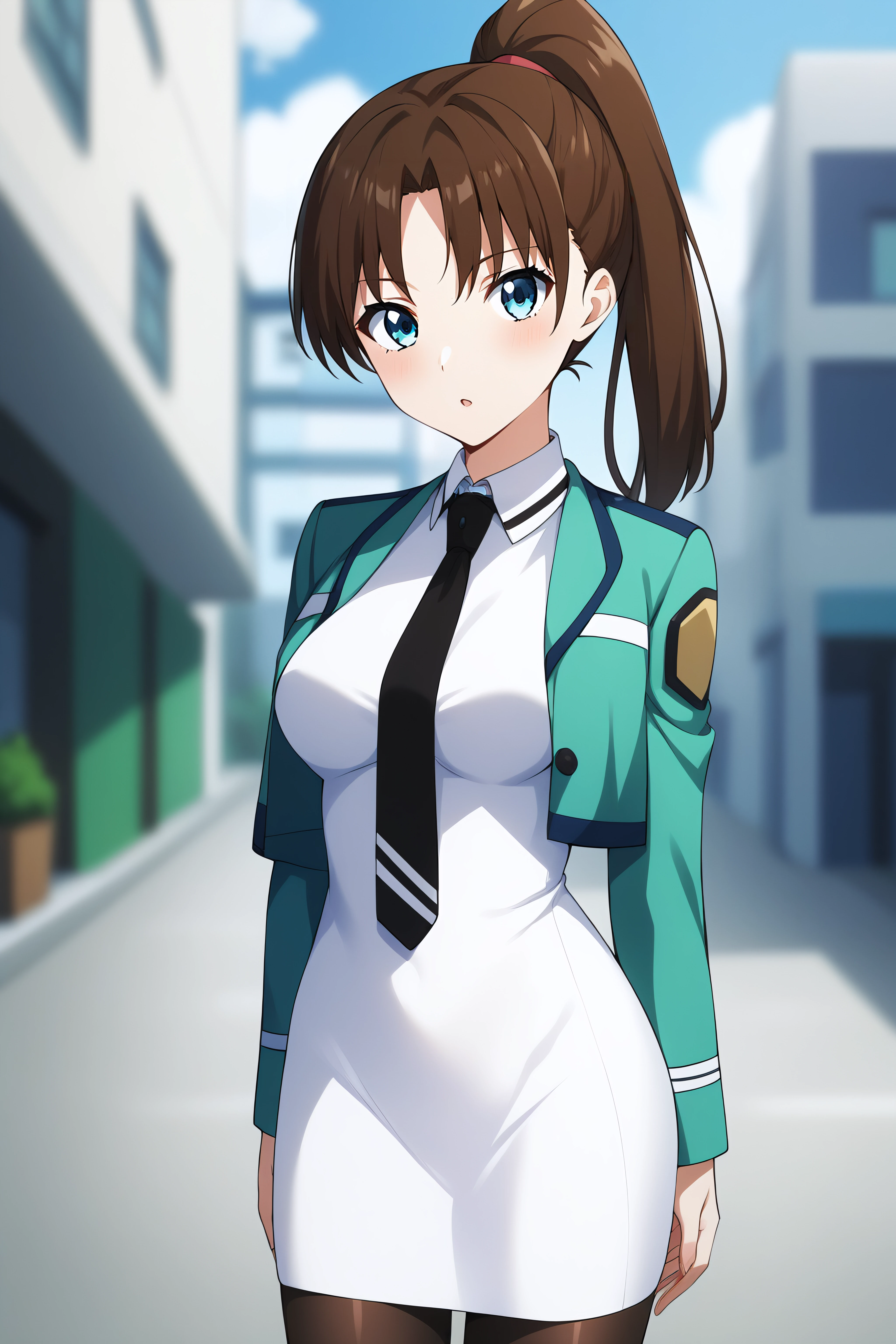 score_9, score_8_up, score_7_up, BREAK source_anime, <lora:sayaka mibu-PonyXL-lora-Faxtron:0.8> sayaka mibu, blue eyes, brown hair, high ponytail, medium breasts, cropped green jacket, white dress, necktie, pantyhose,