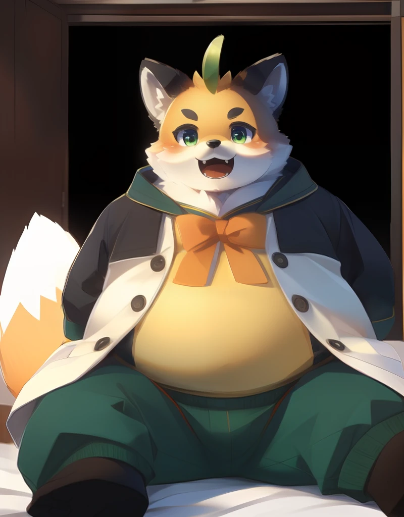 (((detailed eyes, detailed face))), (furry, iyo <lora:character_iyo_findigo_v2:1>, two-tone fur, ahoge, fox boy, snout, green eyes), male, (solo), (plump, fat, chubby, overweight), (white coat, black sleeves, yellow sweater, green pants), sitting, (arms behind back), smile, (front view) BREAK (konzaburou, ukan_muri), bedroom, (flat shading, flat color, high brightness), 8k, UHD, masterpiece, (full body)