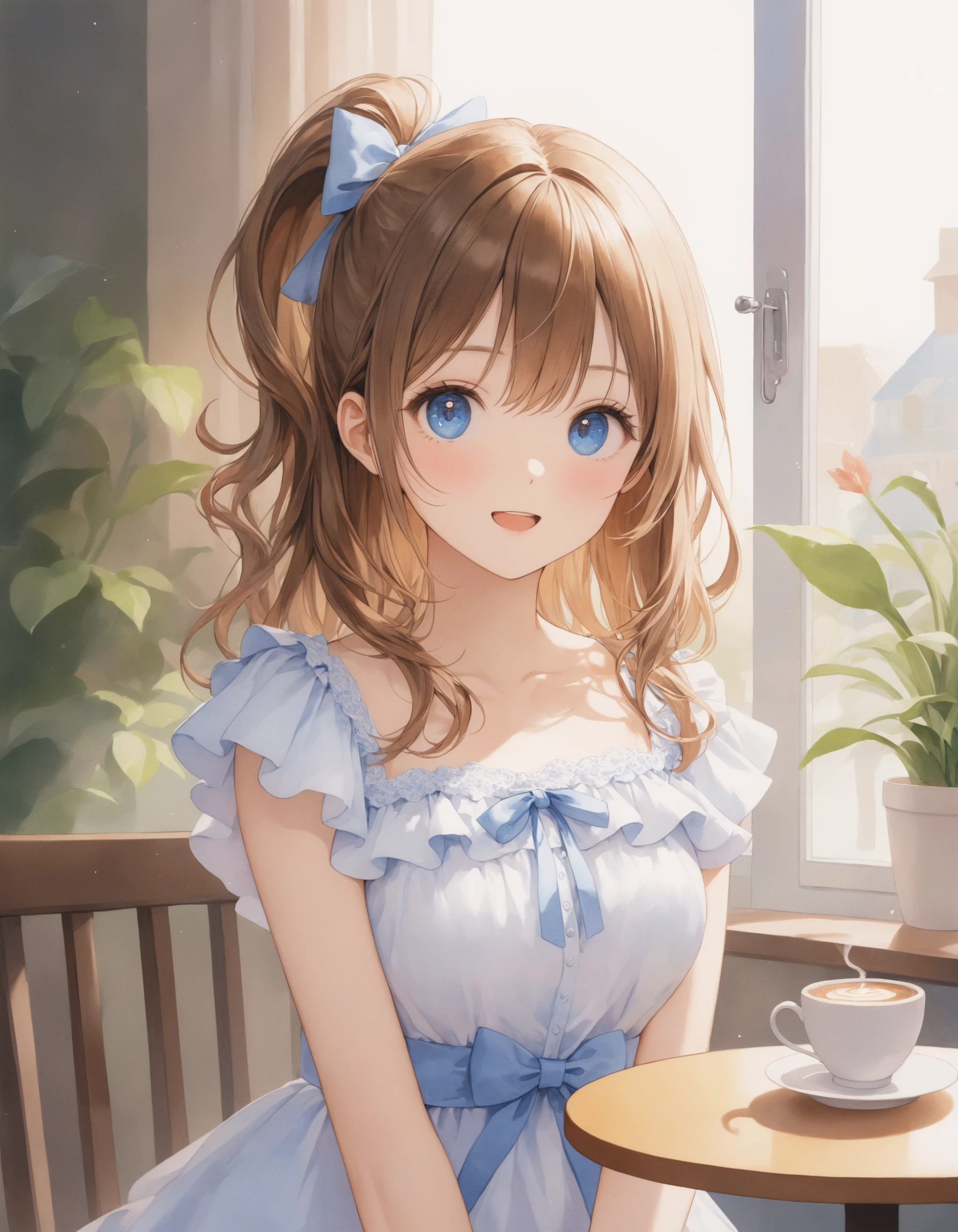 SceneDescription:
- Composition: Portrait. Shooting from front.
- Subject: A cute girl.
- Characteristics:
- Face: (Cute round face:1.2).
- Eyes: Detailed blue eyes.
- Hair: Wavy hair, high side ponytail, brown hair, ahoge and hair between eyes.
- Body: Detailed slender body. Medium breasts.
- Clothing: White chiffon a-line dress, flutter short sleeves, layered ruffled skirt and ribbon waist.
- Expression: Happy expression. Open mouth.
- Posing: Sitting on the chair. Head tilt. Looking at viewer.
- Background: Inside fashionable cute cafe.
- Elements: A cofee cup on the table. Decorative plants. Street view from window.
Time: Daytime.
Lighting: (Natural lighting:1.4).
ArtStyle: Watercolor. Traditional media. Blurry. Pale pastel colors.
Quality: Intricate details. Extremely detailed. Outstanding intricacies. (Masterpiece:1.2). (Best quality:1.2). (Absurdres absolutely resolution:1.4).
Mood: Pastel atmosphere.
<lora:flat_sdxl:0.2>