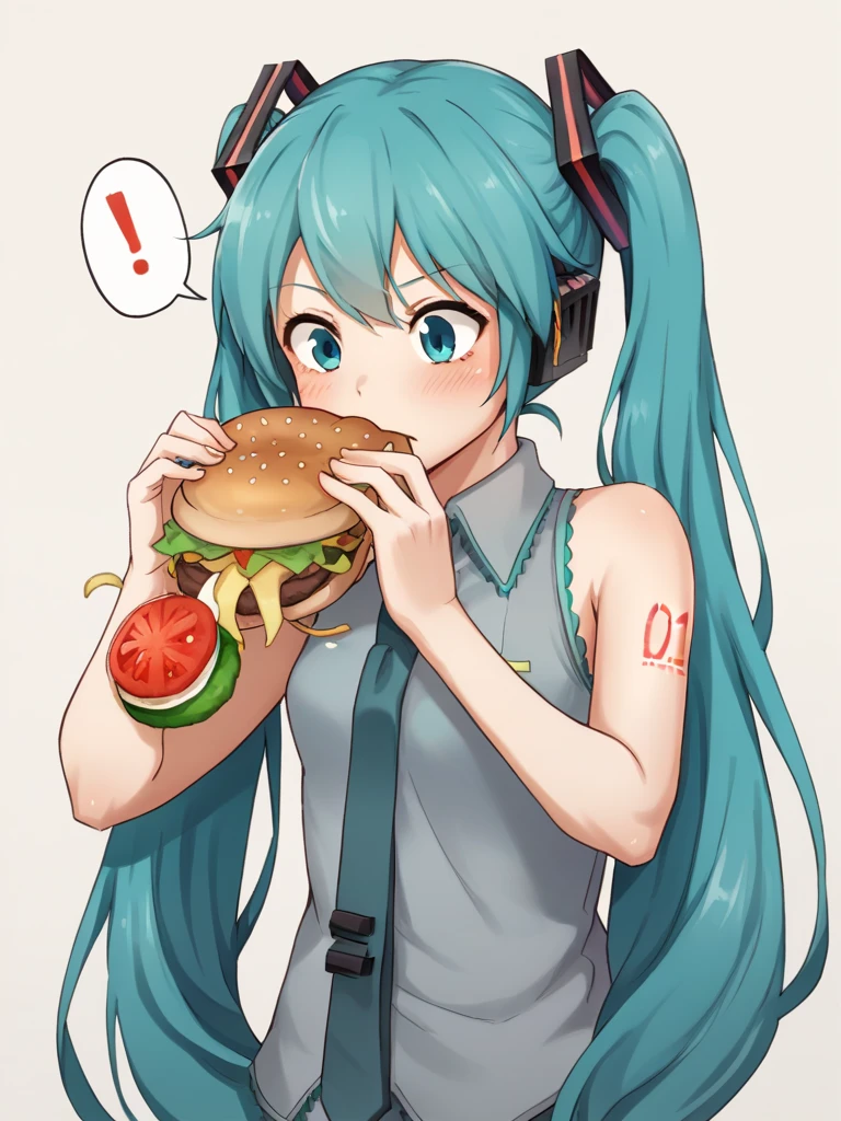 <lora:Burger_Malfunction-PonyXL-1024px:0.8>
score_5_up, score_6_up,
1girl, solo, standing,  eating, holding food, burger, burger_malfunction, aqua hair, aqua eyes, twintails, hair_ornament, sleeveless, hatsune_miku, spoken_exclamation_mark,
tomato, cucumber, messym bacon, ketcup, mustard, salad