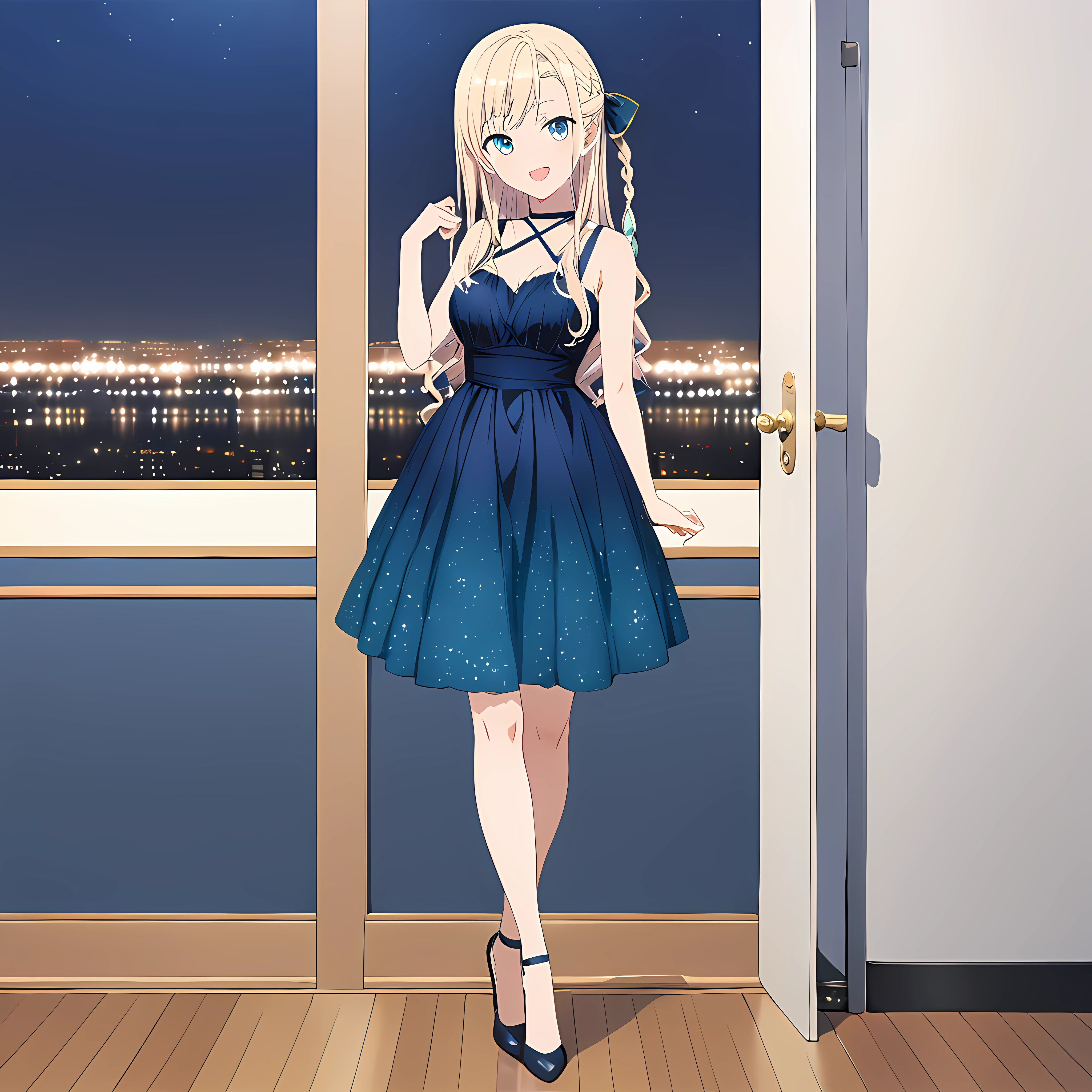 masterpiece,nfsw,NIGHT,INDOOR,
wilhelmina, 1girl, solo, smile, wilhelmina dress, mina hairbow, looking at viewer, open mouth, high heels, standing, full body, :d,