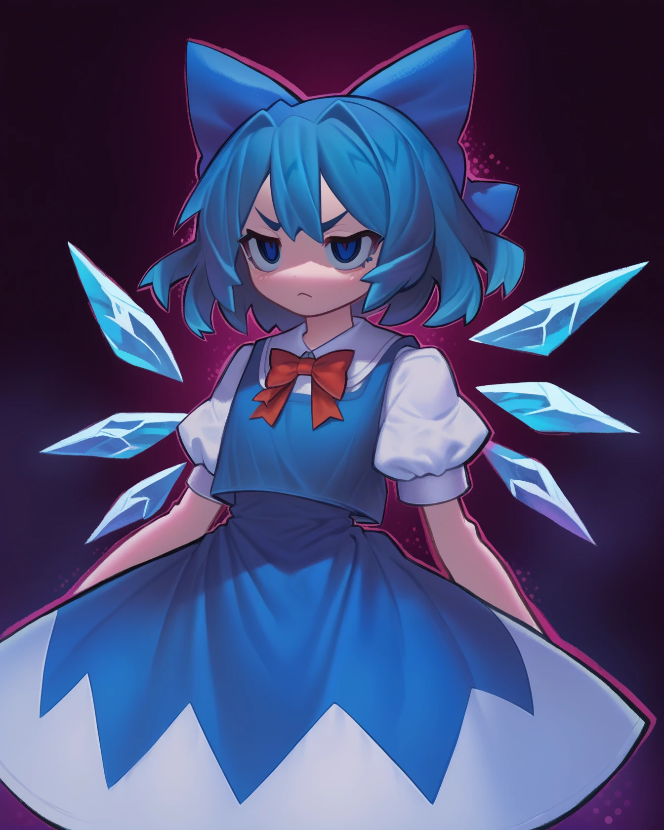 score_9, score_8_up, score_7_up, score_6_up, score_5_up, score_4_up, (by v1v:1.1), cone nose, fully rendered, outline, solo, 1girl, cirno, amazed, 1girl, wings, blue eyes, dress, bow, ice wings, blue hair, ice, blue dress, short sleeves, blue bow, short hair, hair bow, puffy sleeves, red ribbon, <lora:Cirno:1> <lora:PonyXL_V6_v1v404_v3:1>, dark background