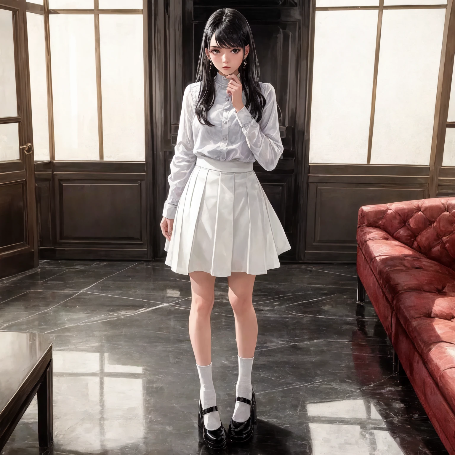 1girl,solo,(masterpiece:1.2),(best quality:1.2),realistic,highly detailed,4K,solo,black eyes,earrings,indoors,black hair,long hair,looking at viewer,<lora:perfect hands:0.4>,indoors,white clothes,crossed legs,skirt,<lora:mary:0.6>,black footwear,mary janes,socks,white socks,white_shirt,full_shot,standing,