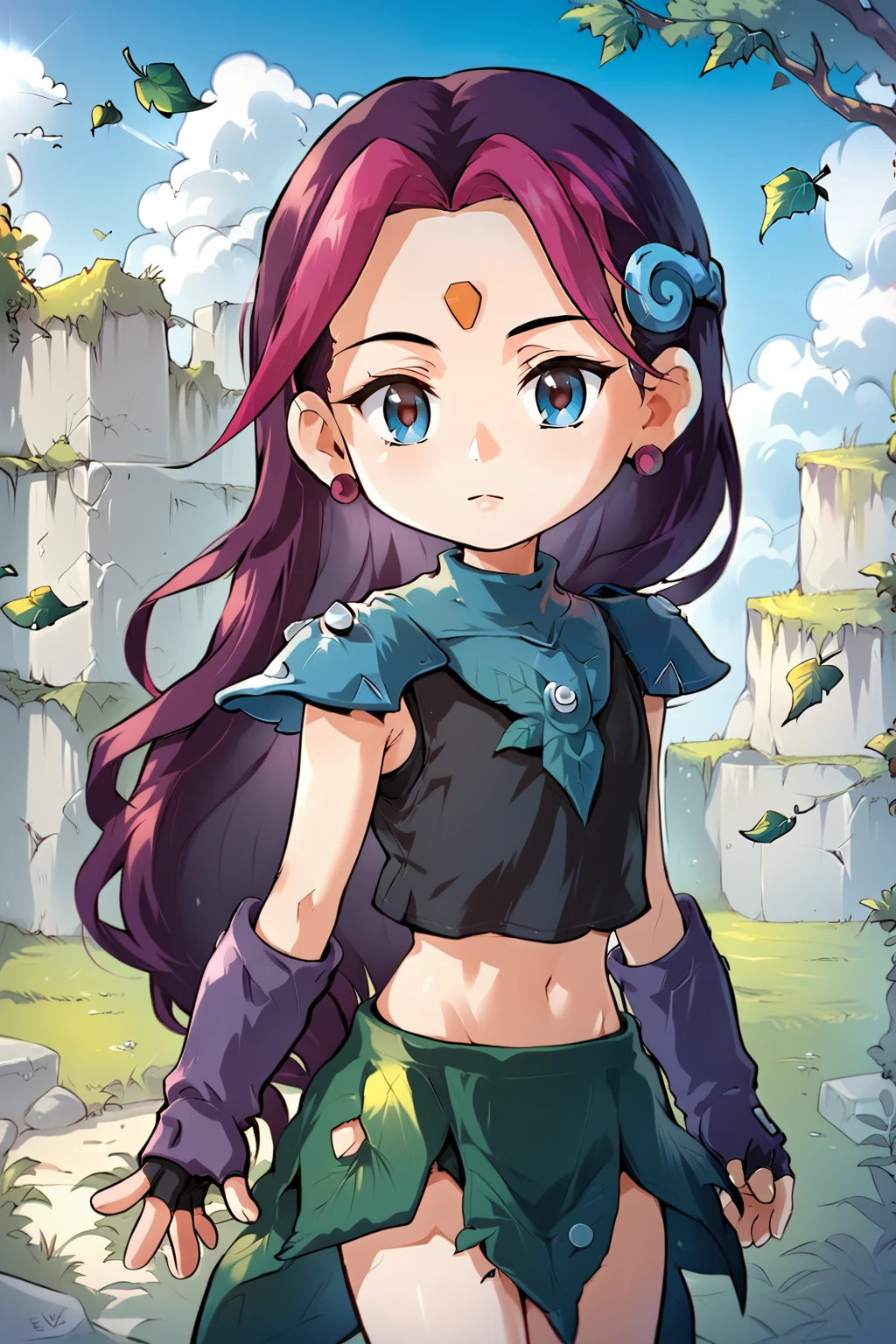 score_9, score_8_up, score_7_up, score_6_up, score_5_up, score_4_up, source_anime, cowboy shot, solo, outdoors, ea, chibi, purple hair, two-tone hair, long hair, hair ornament, forehead mark, blue eyes, jewelry, earrings, shoulder armor, black shirts, sleeveless, midriff, fingerless gloves, leaf skirt, <lora:Eapony:0.85>, <lora:Concept Art Eclipse Style LoRA_Pony XL v6:0.6>