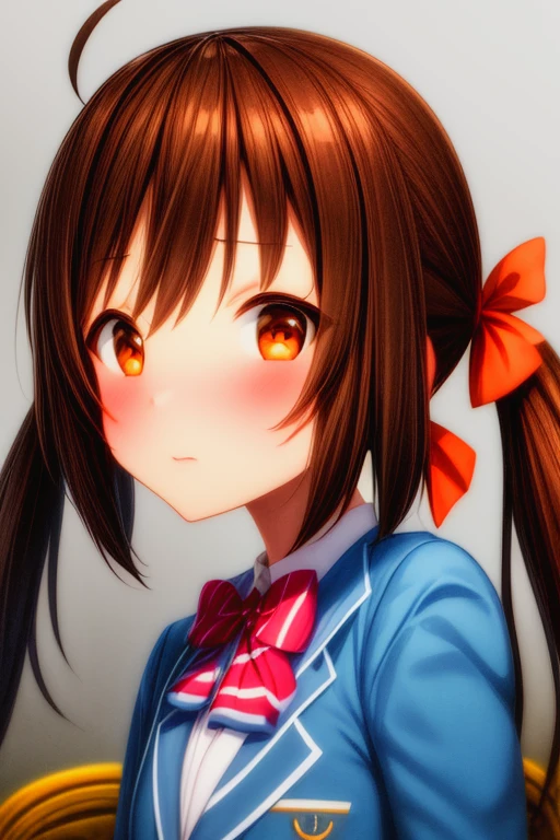 masterpiece_portrait, high quality, canvas, anime_art_style,arifureta shokugyou de sekai saikyou, suzu taniguchi, 1girl, brown hair, school uniform, twintails, solo, ahoge, brown eyes, bow, jacket, red bow, bowtie, upper body, looking at viewer, blush, blazer, shirt<lora:Suzu_Taniguchi:1> <lora:add_detail:0.6> <lora:hyperdetailer_v095:0.5>