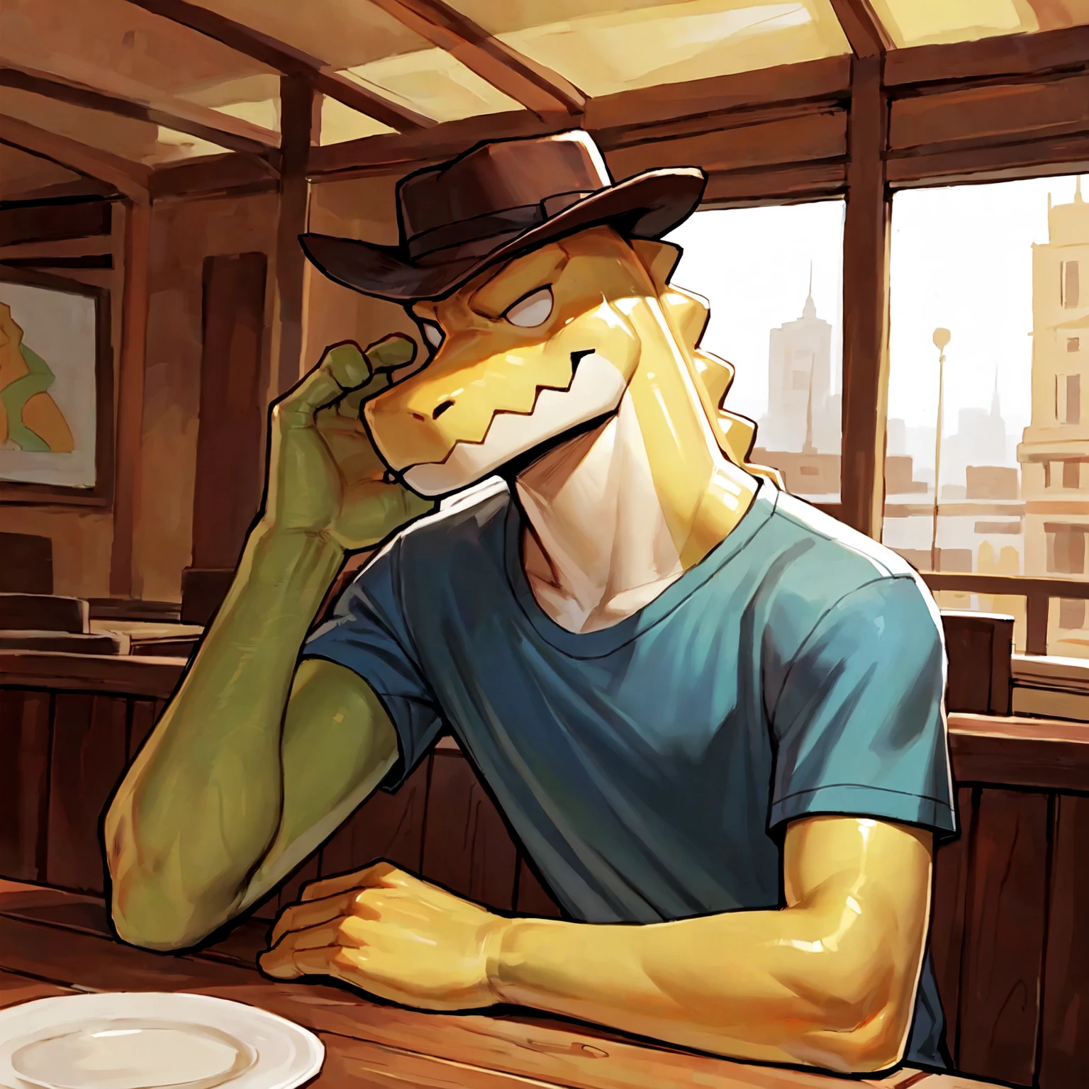 by jrjresq, solo, gummigootadc, male, skinny, sitting half-length portrait, looking at viewer, blue t-shirt, empty eyes, yellow body, inside, resturant, detailed background, detailed lighting, best quality, good quality,  <lora:epi_noiseoffset2:.5> <lora:fluffyrock-quality-tags-v4.rc11.5:1>  <lora:gummigootadc:1>