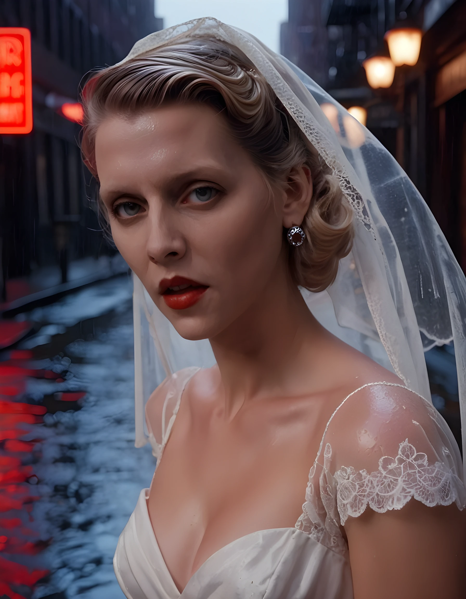 In a noir-inspired, rain-drenched alleyway of 1940s New York City, the camera focuses on a close-up shot of 4UR0R4, a mysterious blonde woman with long, wavy hair cascading down her back, wearing a vintage, form-fitting white dress that shimmers in the dim streetlight. The dress is adorned with intricate black lace details and a red rose brooch at the shoulder, emphasizing the contrast between light and dark. Her eyes are hidden behind a veil of raindrops as she stands with an enigmatic closed-mouth expression, her brown hair slicked back from her face in a chignon, exuding an air of both vulnerability and strength, while her red lips seem to hold the secrets of the city itself. The wet pavement reflects the flickering neon signs of nearby establishments, casting a haunting, otherworldly glow on her ethereal figure.