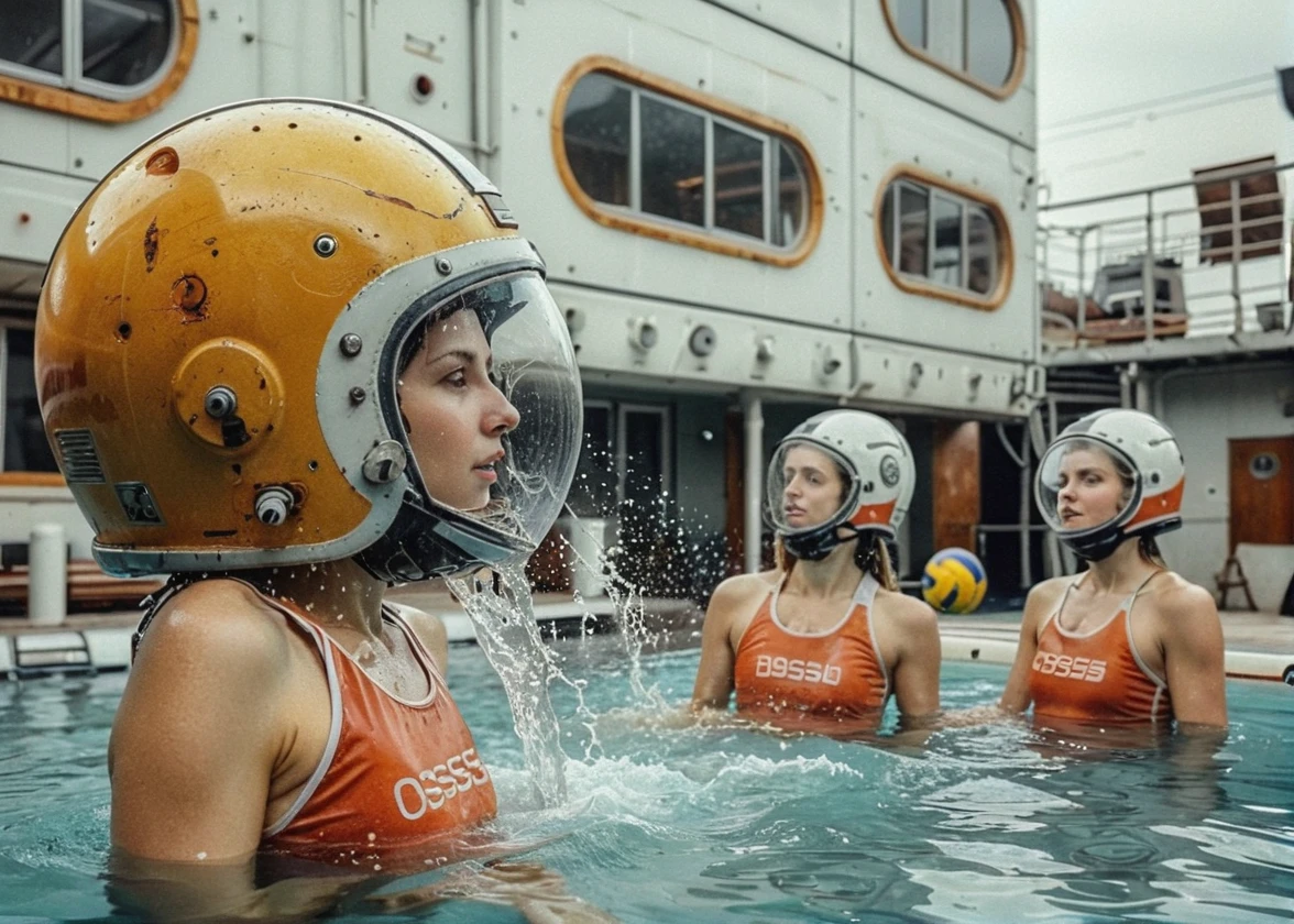 <lora:Old Space Station Artstyle - Trigger is OSS Artstyle:1> a bunch of women playing water polo. oss artstyle.