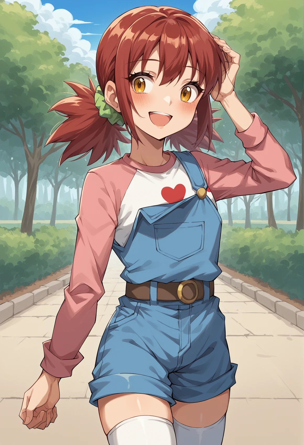 1girl, red hair, yellow eyes, twintails, scrunchie, two-tone shirt, long sleeves, heart print, overalls, shorts, belt, hand on head, nervous smile, blushing, looking to the side, open mouth, outdoors, park, cowboy shot, thighhighs, <lora:Nene__Akari_Pony:1>, score_9, score_8_up, score_7_up, score_6_up, score_5_up, score_4_up, BREAK source_anime, masterpiece