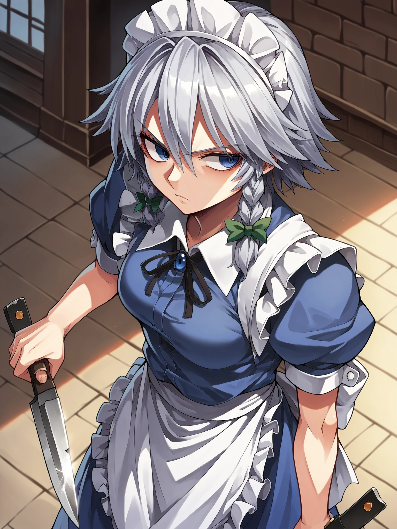 score_9, score_8_up, score_7_up, score_6_up, source_anime, <lora:Nobutoshi_Style_2003_Pony_v1:0.8>, detailed face, detailed eyes, izayoi_sakuya, touhou, 1girl, silver hair, blue_eyes, maid, dark blue clothes, apron, cowboy shot, from above, serious, looking away, holding knives,