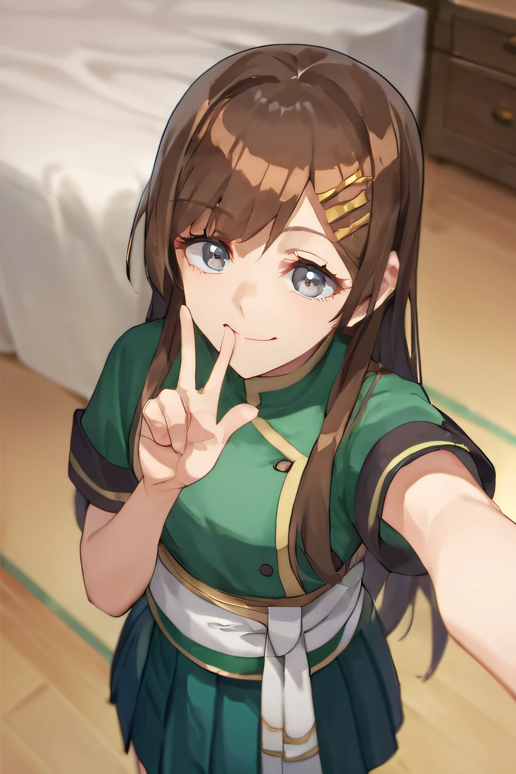 score_9, score_8_up, score_7_up, source_anime,
hibiki, long hair, brown hair, straight hair, hair ornament, grey eyes, short sleeves, green shirt, green pleated skirt, white waist sash,
indoors, bedroom, smile, selfie, v, hand to mouth, from above,
<lora:hibiki-10:1>