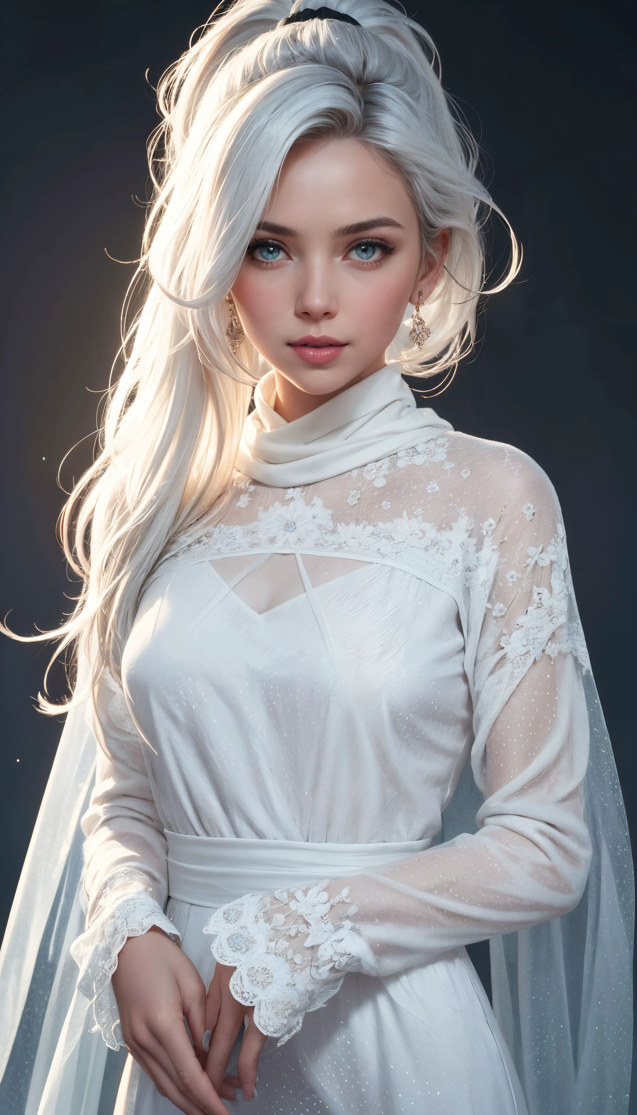 1girl, looking at viewer, touching hair, white hair, long hair, messy ponytail, aquamarine eyes, parted lips, happy, (scarlett johansson:0.6), (person:0.4), seethru, shawl, flowing dress, dotted pattern, long sleeves, wind, simple background, aesthetic, intricate, 8k high detail, photo, realism, (masterpiece:1.2), (best quality)