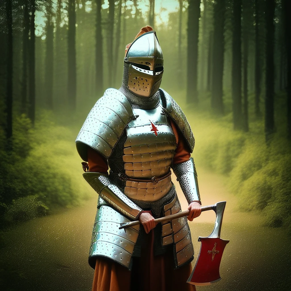 score_9, score_8_up, score_7_up, score_6_up, score_5_up, score_4_up, Masterpiece close up photo of a female knight in SCLARMR, scale armor, holding an axe, forest background, realistic