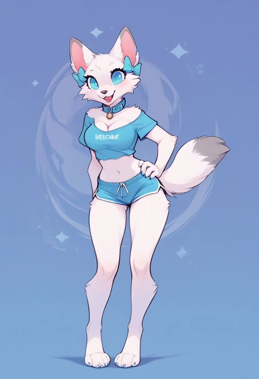 score_6_up, score_5_up, score_4_up, Wolfie, aqua bows, aqua eyes, white fur, female furry, wolf, medium breasts, tail, collar, anthro, crop short t-shirt, dolphin shorts, simple background, abstract background, posing, cute, best legs, beautiful legs, round breasts, breasts together, curvy hips, smile, open mouth, cleavage, medium breasts, long legs, sexy legs, happy, adorable, sexy, beautiful, highly detailed, masterpiece, 4k, quality art, digital art, zPDXL2,