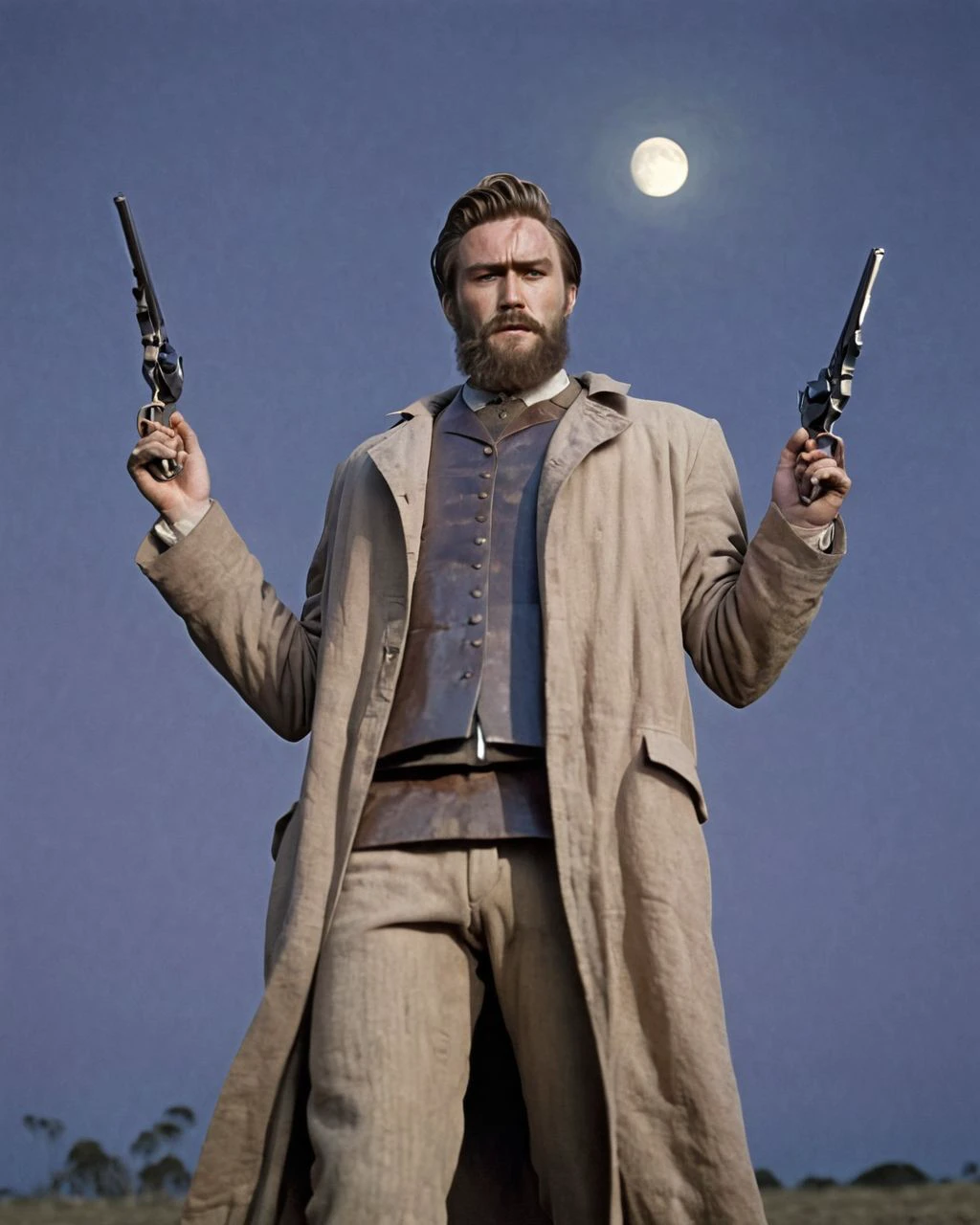 <lora:nedkelly_e10_r4_xl:0.8>,
nedkelly, a man in a farm, wearing trench coat, slick back hair, beard, (heath ledger:0.8), lit by moonlight, 19th century australia, holding revolver, from below, muted colors, crosshatch,