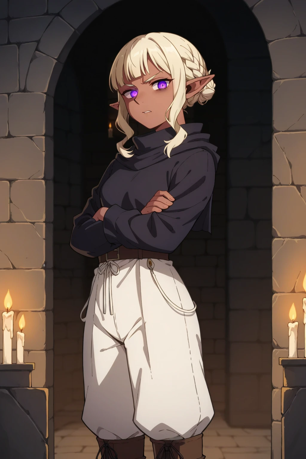 score_9, score_8_up, score_7_up, source_anime, 1girl, prefect lighting, very aesthetic, intricate details, highly detailed background, masterpiece, high quality, prefect hands, best quality, solo,
<lora:Thistle_Dungeon_Meshi_V1_r2-000007:.85>, pointy ears, light red skin, dark-skinned female, dark skin, purple eyes, cream hair, blunt bangs, sidelocks, braid, hair bun, glowing eyes, 
black surcoat, black poncho, white harem pants, white pants, brown boots,
tired, standing, crossed arms, disgust, clinch teeth, looking at viewer, 
dungeon, stone wall, dark, candles, dimly lit,
(Beautiful, small Breasts:1.2), natural breasts,