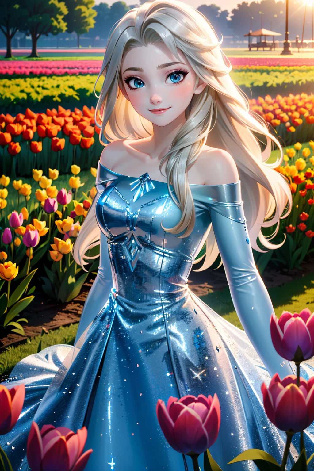 ((ultra detailed, masterpiece, absurdres))
 <lora:DisneyElsa:0.8>
DisneyElsa, 1girl, long hair, blonde hair, looking at viewer, in a field of tulips, golden hour, elegant dress, smiling