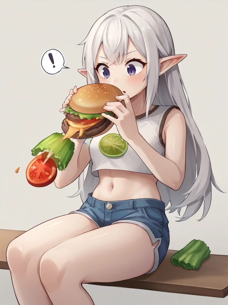 <lora:Burger_Malfunction-PonyXL-1024px:0.8>
score_5_up, score_6_up,
1girl, solo, spoken_exclamation_mark ,  sitting, holding, hamburger, burger_malfunction, long white hair, pointy ears, crop top, short shorts, navel, tomato, cucumber,