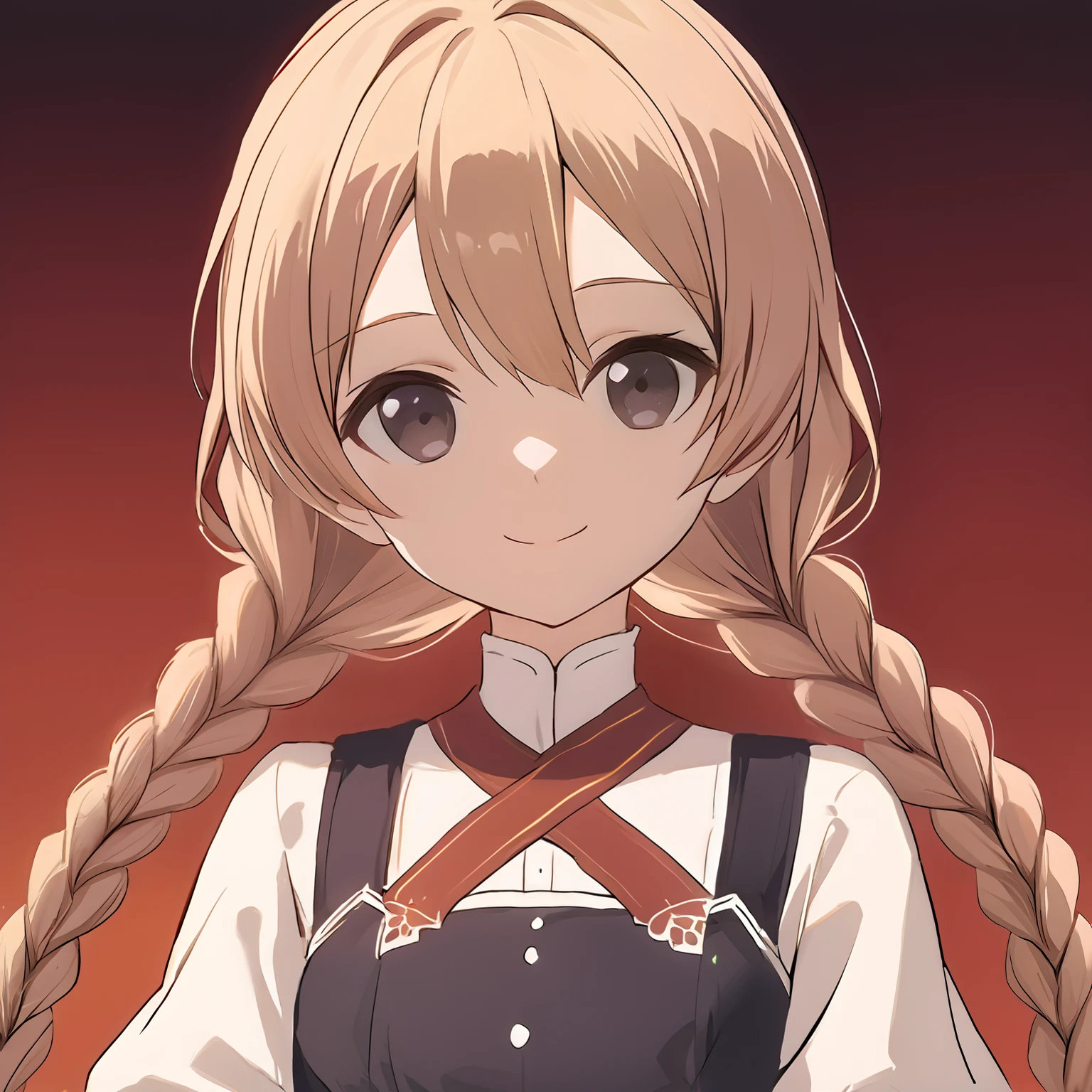 (linel), score_9, source_anime, (pafc), 1girl, closed mouth, looking at viewer, smile, gradient red background, (dress, purple juliet sleeves, red ribbon around neck, gentle gray eyes, [blonde:brown:0.5] twin braids, hair hair between eyes:0.65)