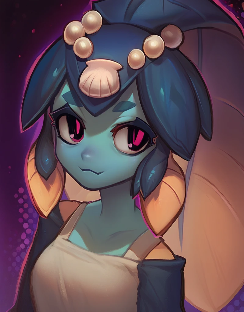 score_9, score_8_up, score_7_up, score_6_up, score_5_up, score_4_up, by v1v, waist up, fully rendered, cone nose, minette, pearls, shell, pink eyes, blue skin, solo, 1girl,monster ????, portrait, <lora:PonyXL_V6_Minette_Trigger_Reg:1> colored skin <lora:PonyXL_V6_v1v404_v3:1>