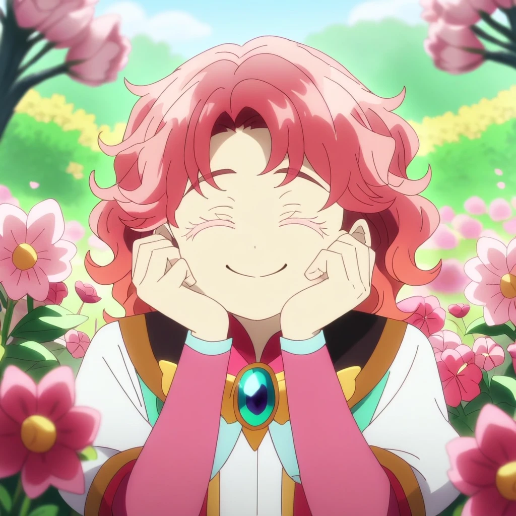 Magical boy, rating_safe, score_9, 1boy, male focus, solo, closed eyes, smile, hands on own cheeks, flowers, pink flowers, wavy hair