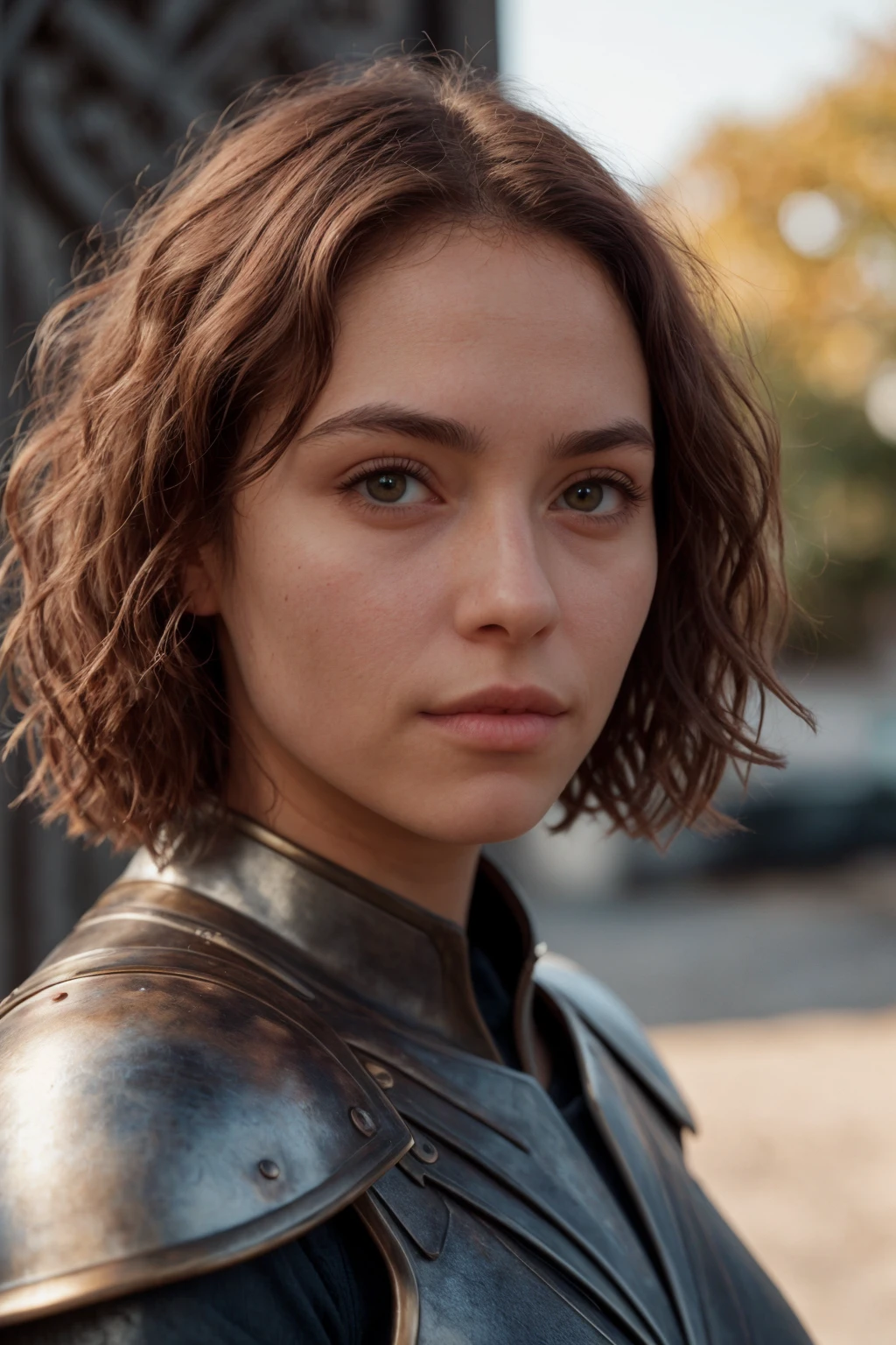 portrait of an hispanic woman with curly auburn hair, wearing a breastplate armor, and iron gauntlet. (parted lips:1.3), She stands against a backdrop of soft, golden evening sunlight, casting a gentle warmth on her features. <lora:[VG]_-_Ezmeralda_DAvenir_v2:1>, RAW candid cinema, 16mm, color graded portra 400 film, remarkable color, ultra realistic, textured skin, remarkable detailed pupils, realistic dull skin noise, visible skin detail, skin fuzz, dry skin, shot with cinematic camera