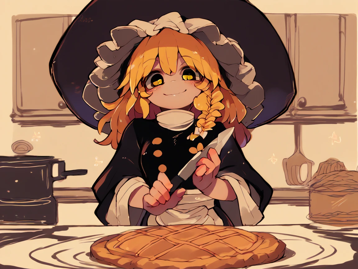 score_9, score_8_up, score_7_up, score_6_up, score_5_up, score_4_up, thmarisa, yellow hair, yellow eyes, smile, solo, 1girl, solo, witch hat, chef apron, <lora:PonyXL_V6_thmarisa_v1:1>, <lora:zankuroXLP6lokrV4236:1>, pie on table, kitchen, holding a knife, kitchen knife