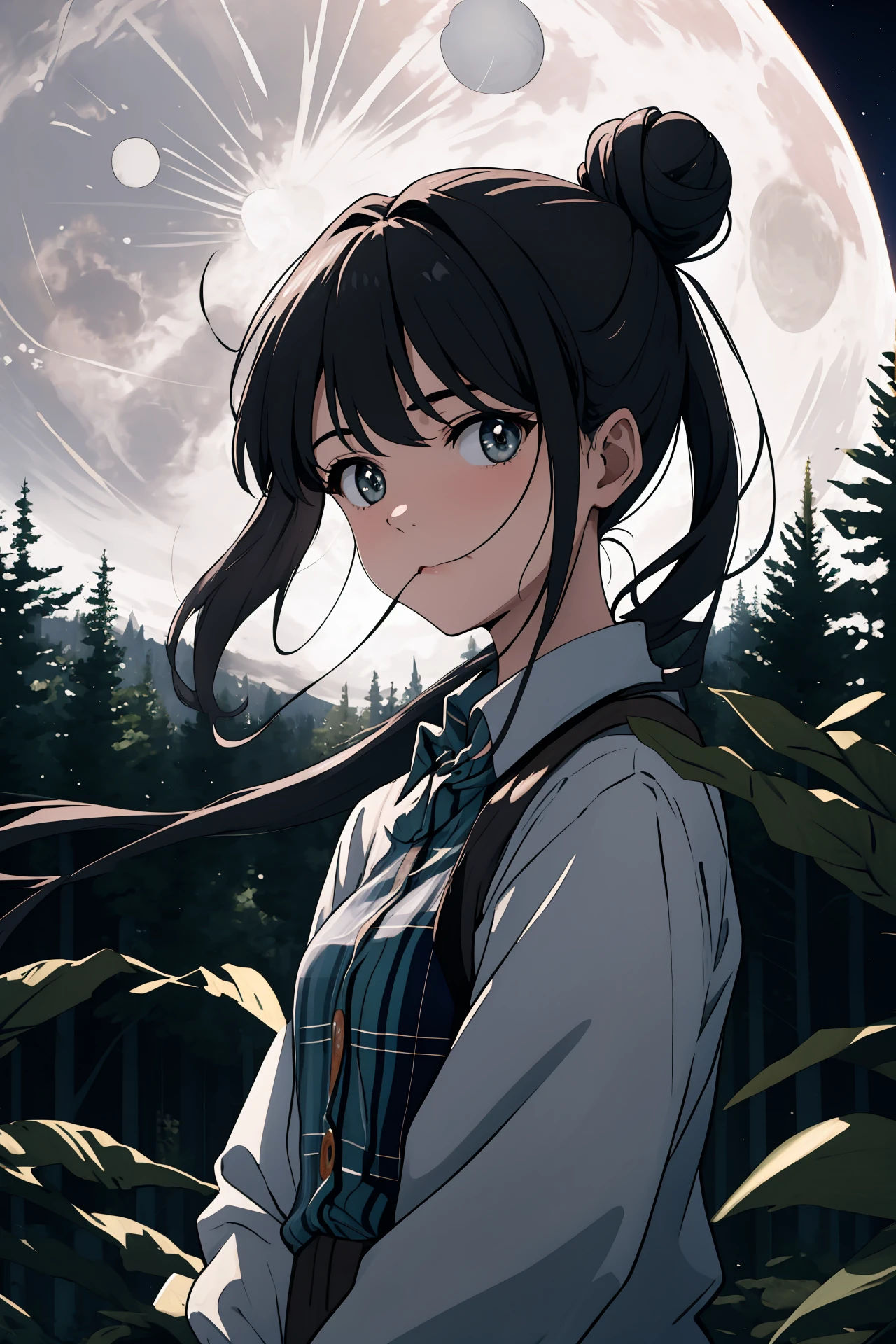 (masterpiece,best quality,absurdres),1girl,solo,floating hair,doughnut hair bun,plaid_shirt,upper body,looking at viewer,sideways glance,rokinon 85mm,dynamic_angle,wind,moonlit forest,adventure,enchantment,shadows,magical,mystical creatures,night,
<lora:hair in mouth_bx-v2.10:1>,