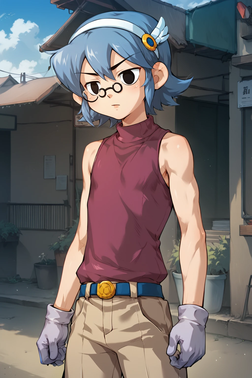 score_9, score_8_up, score_7_up, score_6_up, score_5_up, score_4_up, source_anime, cowboy shot, solo, outdoors, deliki, kid, blue hair, hair ornament, white hairband, (black eyes:1.3), glasses, magenta shirts, turtleneck, sleeveless, white gloves, belt, pant, <lora:Delikipony:0.85>, <lora:Concept Art Eclipse Style LoRA_Pony XL v6:0.6>