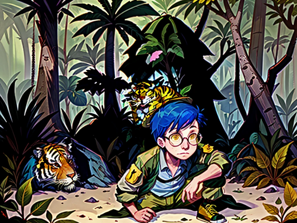 <lora:Kevin_French_-_Mission_Hill_1999_08:0.7> kevin_french, 1boy, short hair, blue hair, glasses, yellow sclera, <lora:l_32:-0.65>, jungle, jungle hat, safari jacket, rough trees, tiger, scared, full body, <lora:LCM_SD15:1.0>