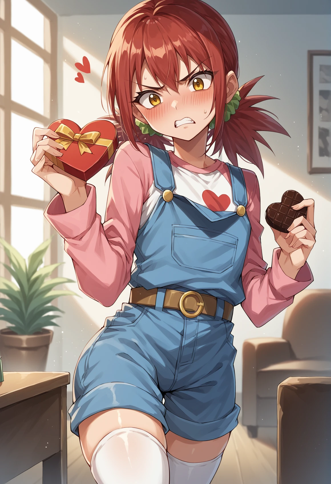 1girl, red hair, yellow eyes, twintails, scrunchie, two-tone shirt, long sleeves, heart print, overalls, shorts, belt, thighhighs, angry, tsundere, holding gift, heart-shaped chocolate, indoors, living room. blushing <lora:Nene__Akari_Pony:1>, score_9, score_8_up, score_7_up, score_6_up, score_5_up, score_4_up, BREAK source_anime, masterpiece