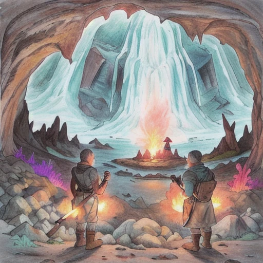 armok, traditional media, three people standing in a cavern holding torches and pickaxes, giant mushroom, rocks, waterfall,