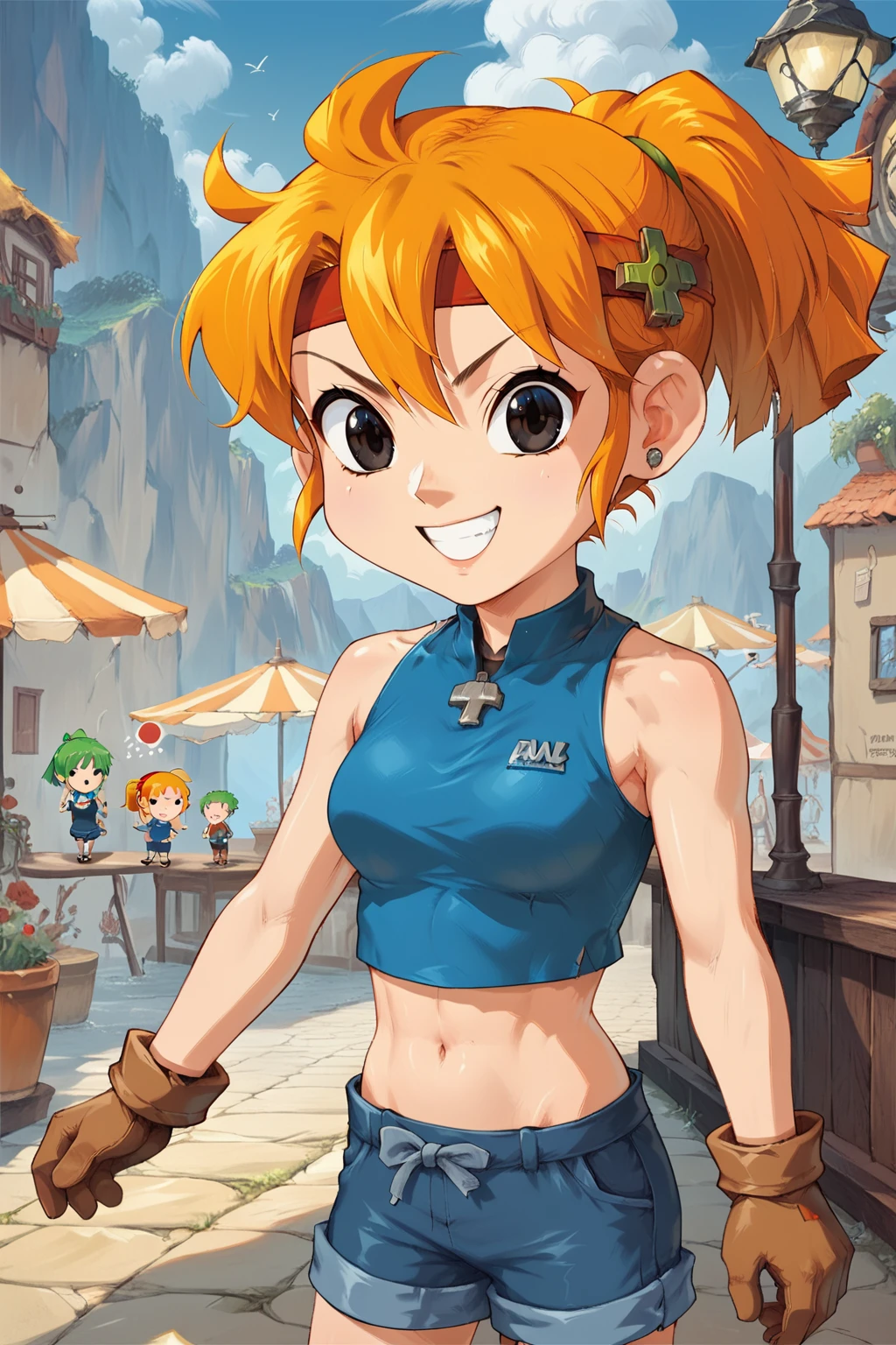 score_9, score_8_up, score_7_up, score_6_up, score_5_up, score_4_up, 1girl, (solo:1.3), source_anime, bau, orange hair, cowboy shot, ponytail, red headband, green hair ornament, black eyes, blue crop top, sleeveless, midriff, brown gloves, blue shorts, chibi <lora:Baupony:0.75>, <lora:Concept Art Eclipse Style LoRA_Pony XL v6:0.6>, grin