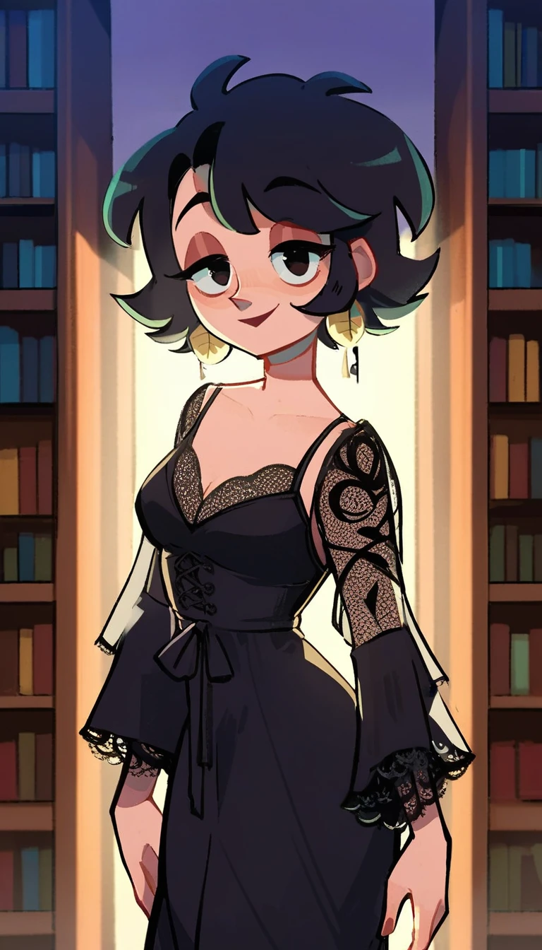 score_8, score_9, source_cartoon, celshaded, rating_questionable, cowboy shot, solo female focus, standing, anapij, 1girl, short black hair, black eyes, black dress, lace sleeves, earrings, looking at viewer, smile, half closed eyes, indoors, library, volumetric lighting, light shafts, rim lighting, warm color tone, 
