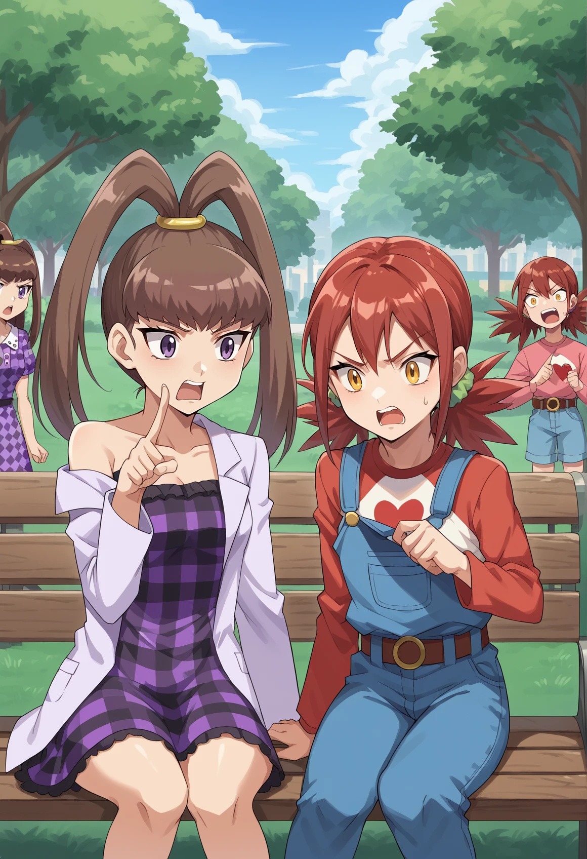 2girls, sitting, arguing, pointing at another, bench, angry, open mouth, outdoors, park, Brown hair, high ponytail, purple eyes, jewelry, short dress, checkered dress, purple dress, off shoulder, Pink lab coat
BREAK
2girls, sitting, arguing, pointing at another, bench, angry, open mouth, outdoors, park, 1girl, red hair, yellow eyes, twintails, scrunchie, two-tone shirt, long sleeves, heart print, overalls, shorts, belt,
 <lora:Nene__Akari_Pony:1>, score_9, score_8_up, score_7_up, score_6_up, score_5_up, score_4_up, BREAK source_anime, masterpiece