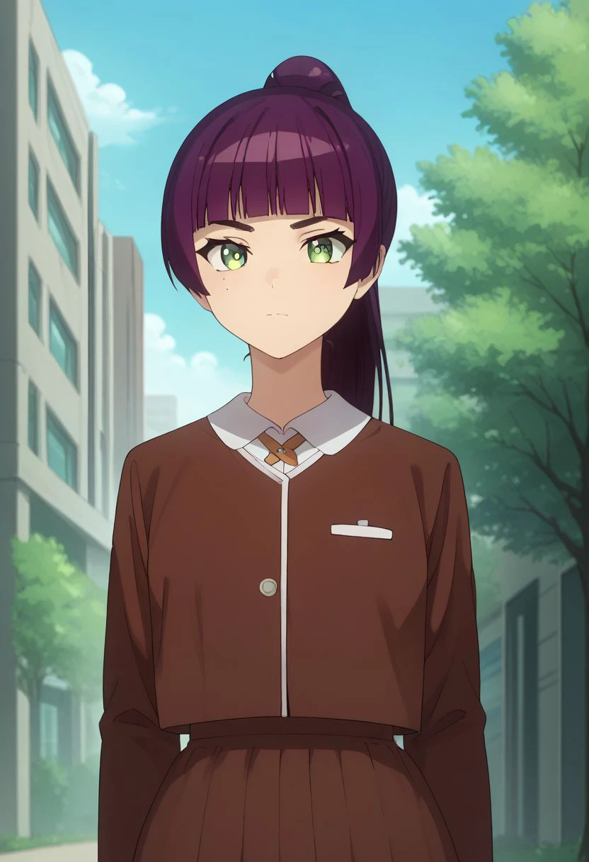 score_9, score_8_up, score_7_up, source_anime, highly detailed, 
kyoko, 1girl, solo, green eyes, purple hair, ponytail, school uniform, long hair, bangs,
outdoors, day, tree, blunt bangs, sky, building, closed mouth, white shirt, brown jacket, mole, mole under eye,