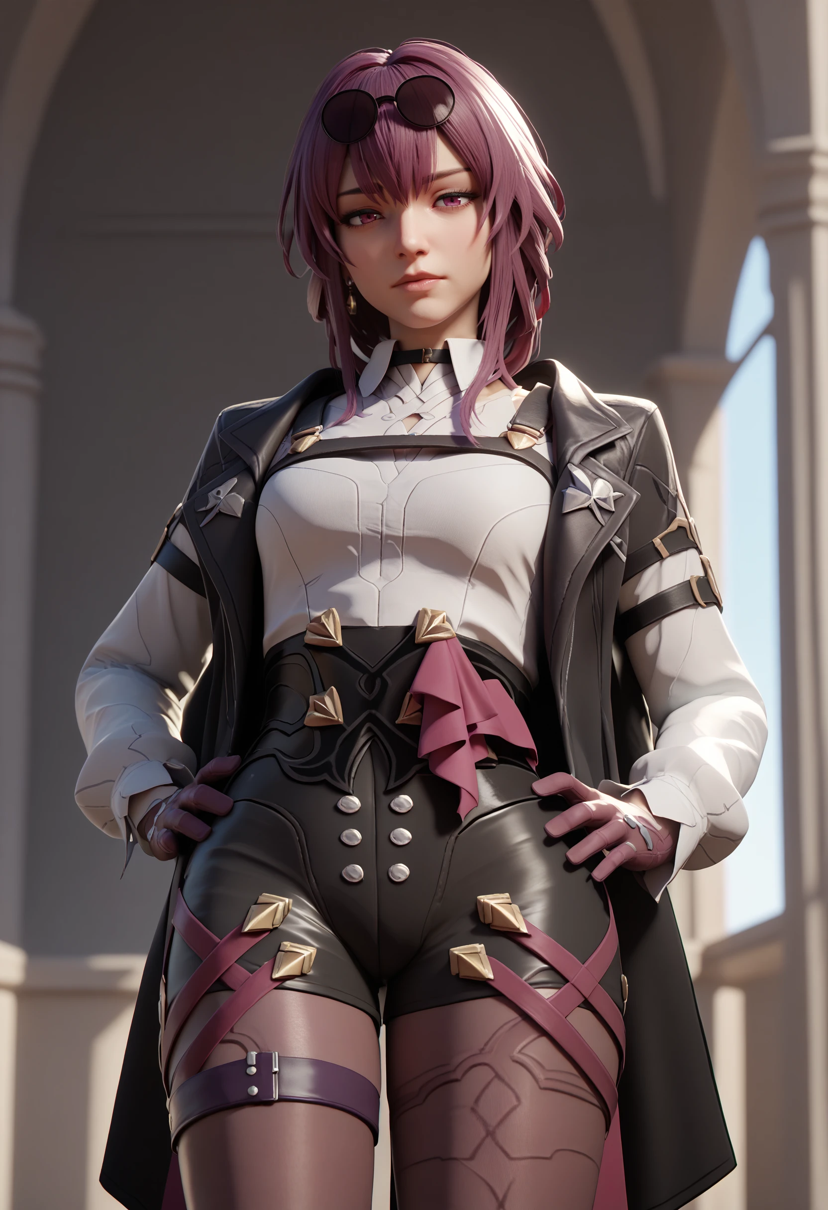 score_9, score_8_up, score_7_up, score_6_up, kafka, 1girl, solo, sidelocks, hair between eyes, eyewear on head, earrings, pince-nez, sunglasses, white shirt, collared shirt, long sleeves, black jacket, jacket over shoulder, arm belt, chest harness, purple gloves, high-waist shorts, black shorts, pantyhose under shorts, purple pantyhose, thigh strap, single thigh boot, <lora:kafka-guy-PONY-LyCORIS-v1:1>, hands on own hips, depth of field, 3d,