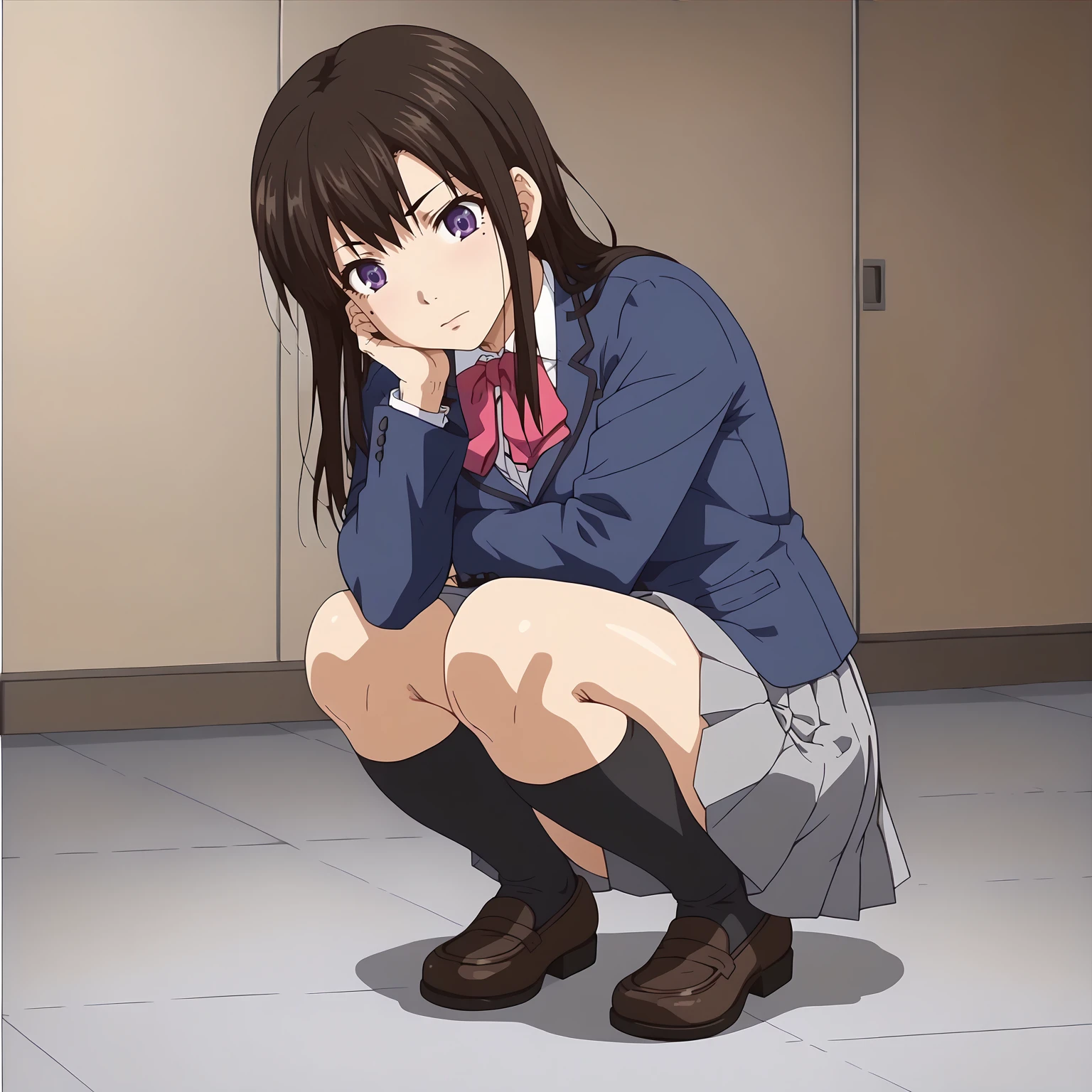 <lora:HajimeHatorishimaXLpony001>,
solo,
HajimeHatorishima,1girl,black brown hair,long hair,purple eyes,
one mole,
school_uniform,blue jacket,bowtie,
pleated_skirt,gray skirt,
black socks,
full body,squatting,