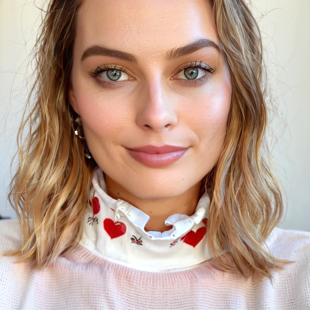 Looking straight at the camera, Film grain, skin texture, Instagram closeup selfie of a woman with beautiful wavy hair wearing a heart necklace,f/1.8,wearing a turtleneck shirt, mxrbbie,  <lora:marobbie_2016_juggerX_xl_2_st_wocap-mxrbbie-000074:1>