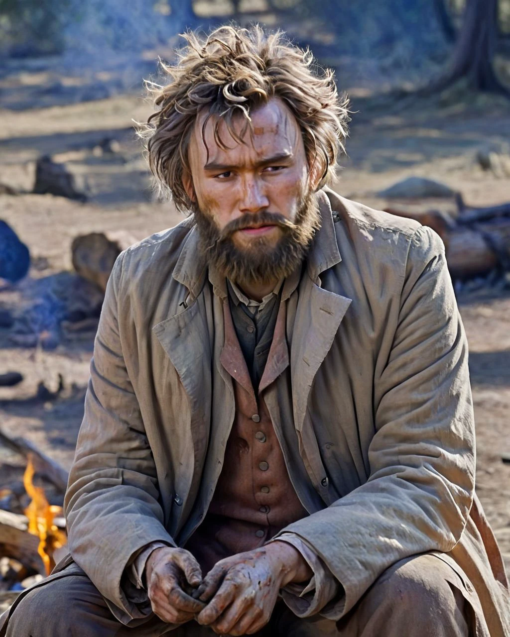 <lora:nedkelly_e10_r4_xl:0.8>,
nedkelly, a man in a small town, wearing trench coat, messy hair, beard, (heath ledger:0.8), lit by afternoon sun, 19th century australia, sitting at campfire, from behind, vibrant colors, crosshatch,