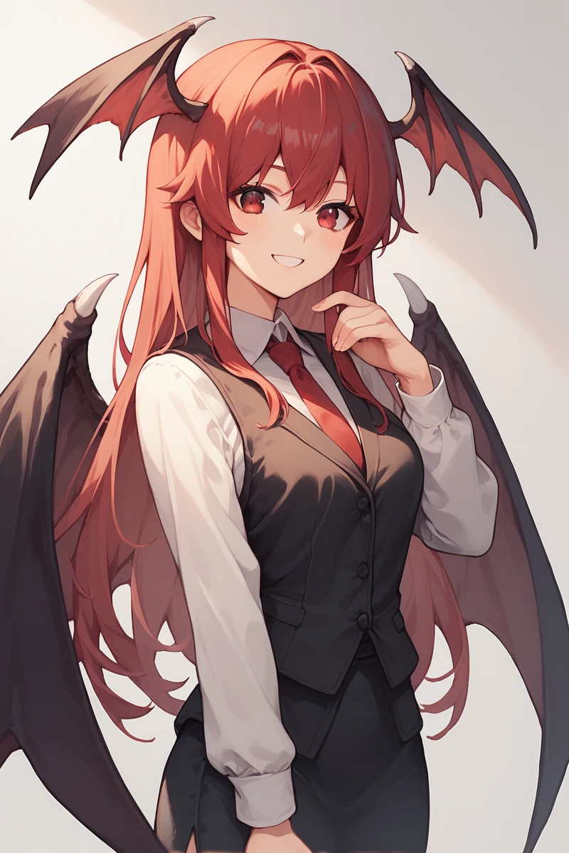 score_9, score_8_up, score_8, score_9, 1 girl,  source_anime,  <lora:koakuma_pony-10:1>, koakuma, red hair red eyes, wings, head wings, black vest, black skirt, white shirt, red tie, smile, sexy